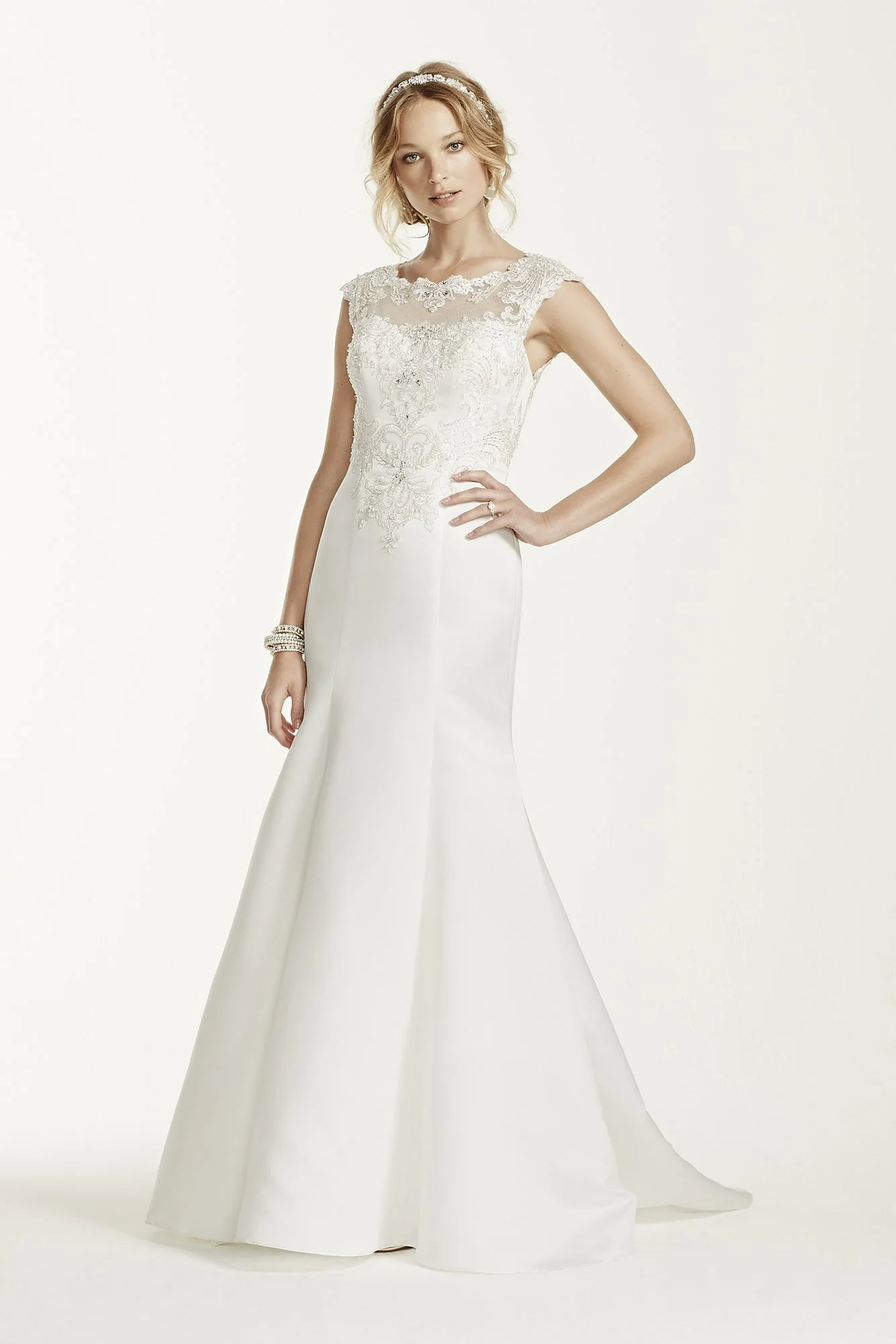 Jeweled Cap Sleeve Illusion Neckline Wedding Dress - Image 2