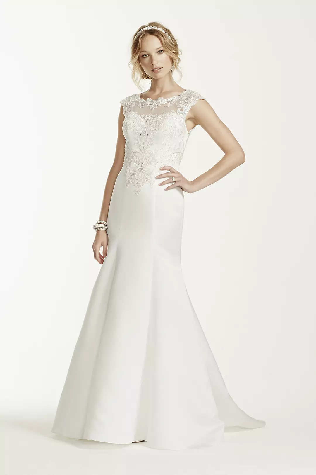 Jeweled Cap Sleeve Illusion Neckline Wedding Dress - Image 5