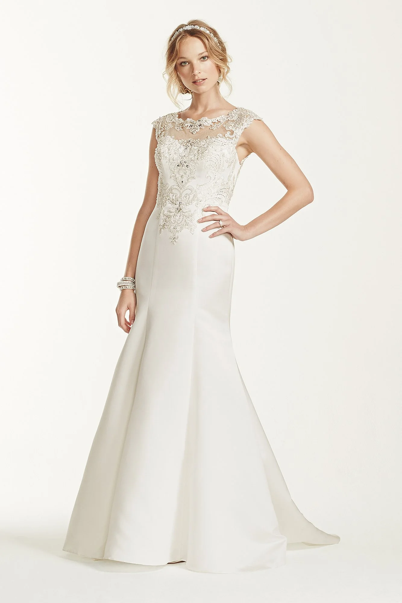 Jeweled Cap Sleeve Illusion Neckline Wedding Dress - Image 8