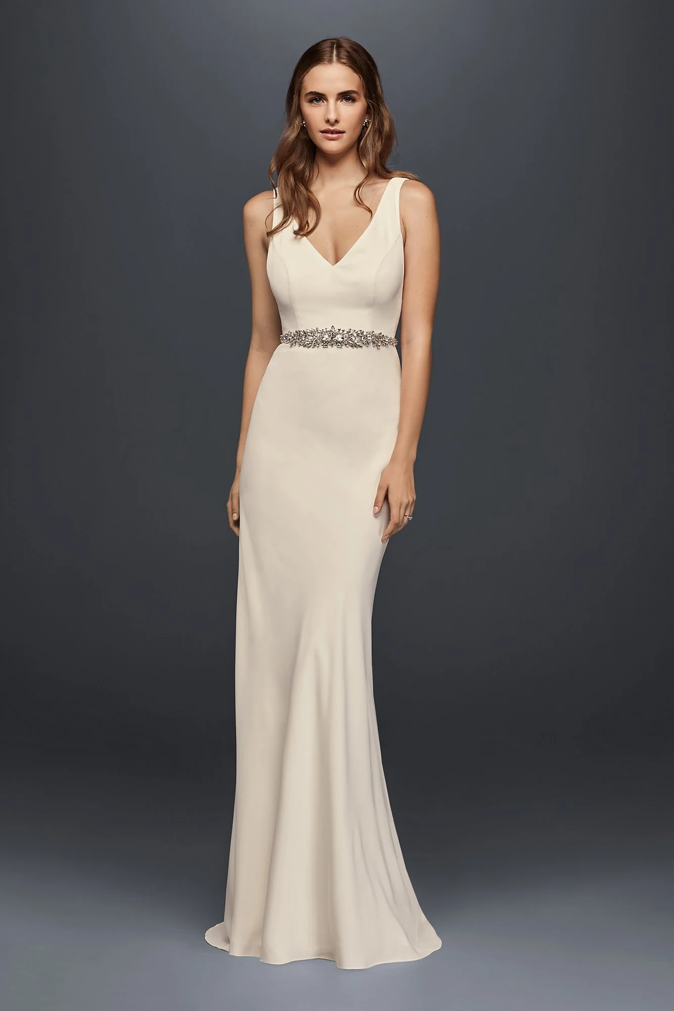 Jeweled Crepe Sheath Wedding Dress with Low Back