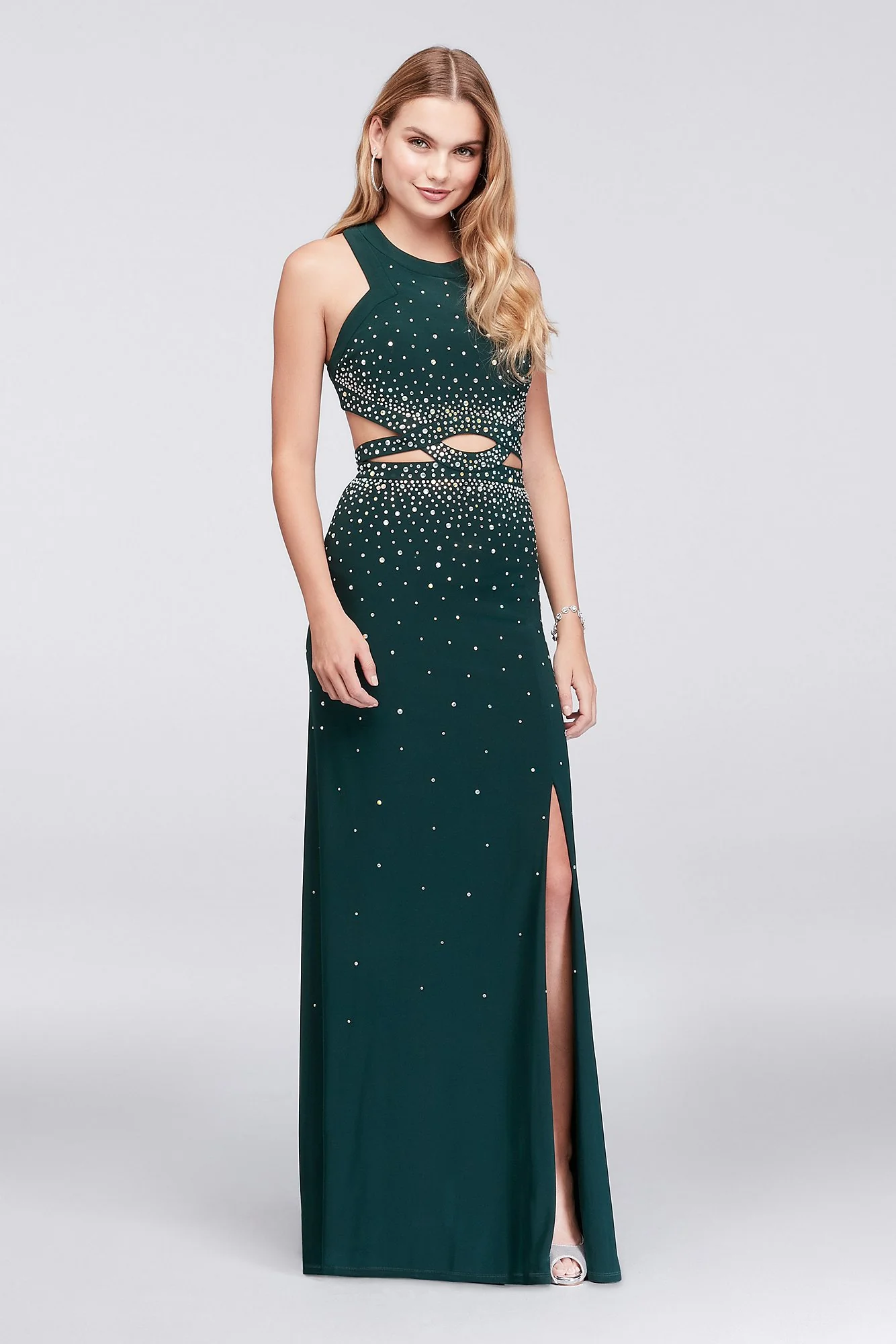 Jeweled Jersey Halter Gown with Cutout Waistline