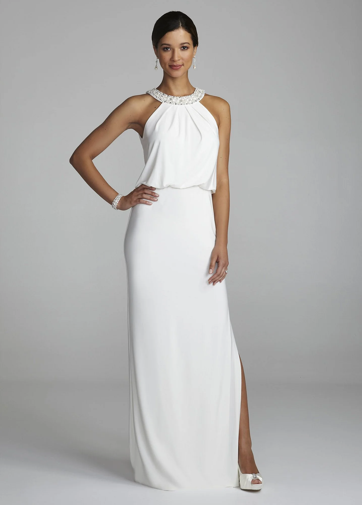Jeweled Neckline Blouson Jersey Dress