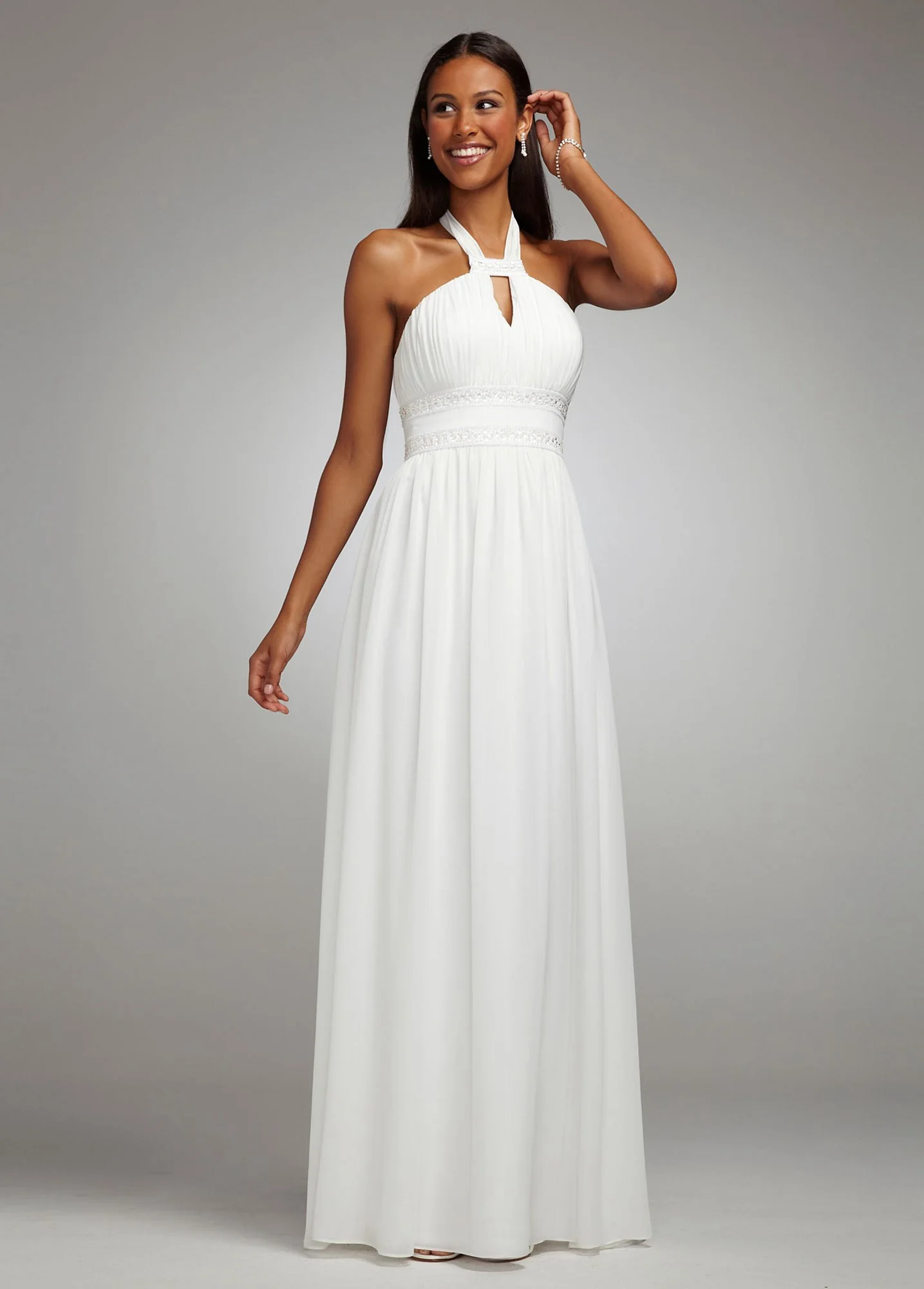 Key Hole Y-neck Chiffon Gown with Crystal Beading