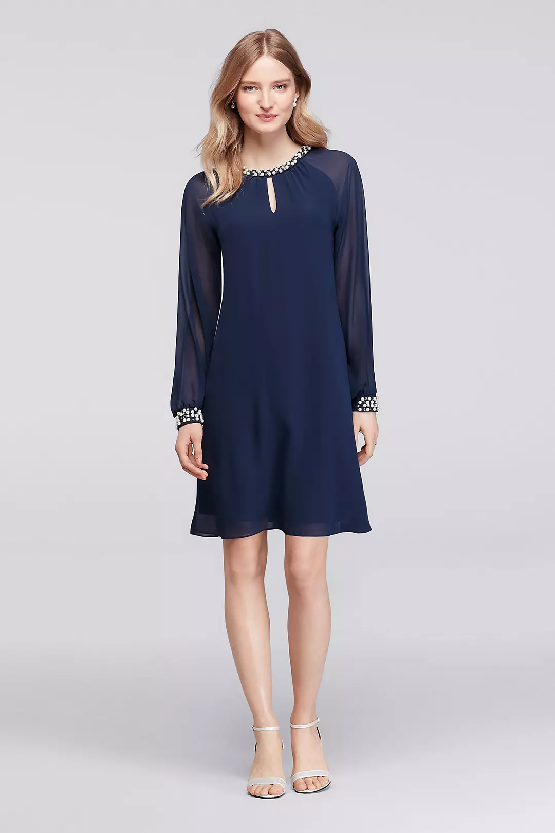 Knee Length Dress with Pearls at Neck and Cuffs - Image 2