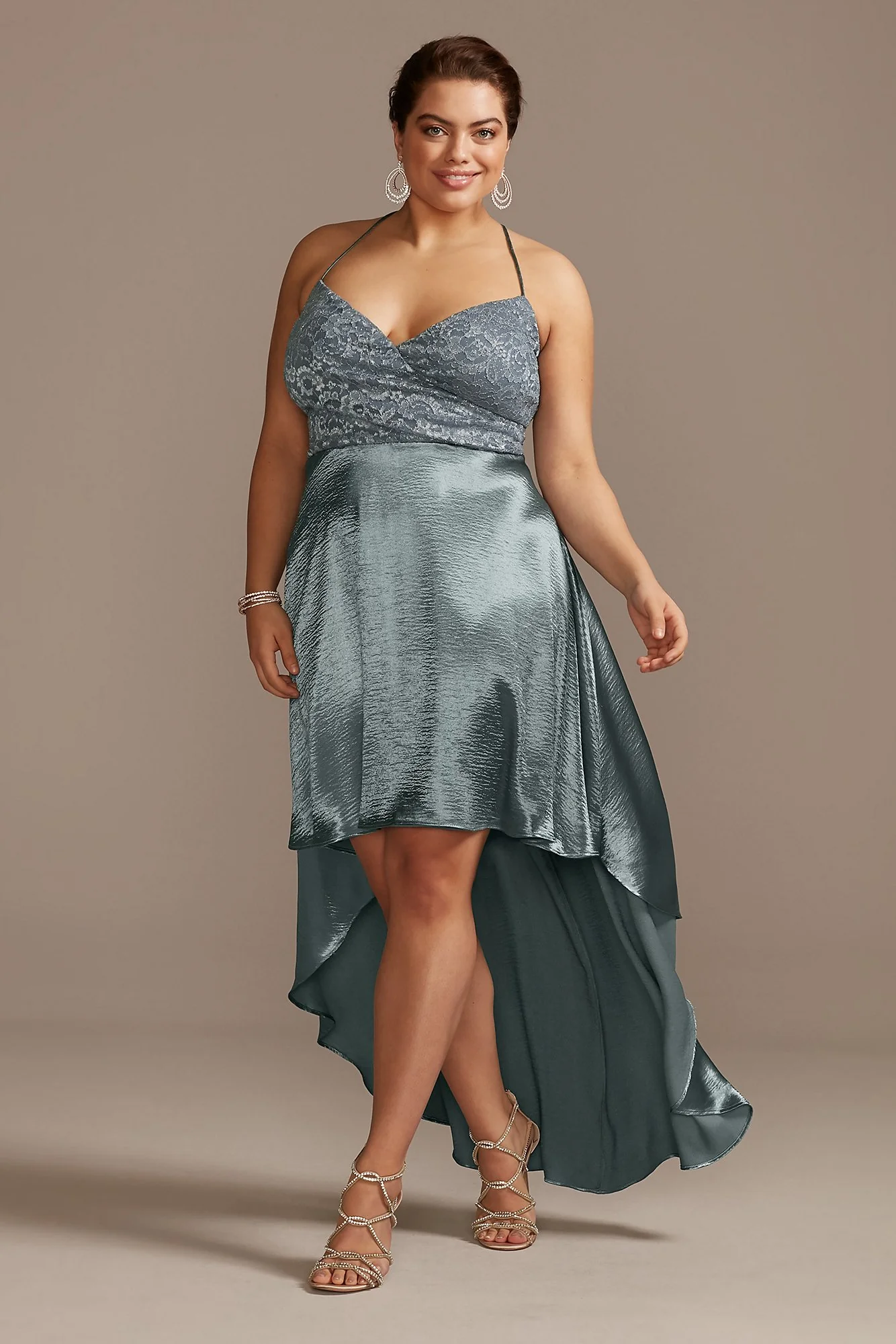 Lace and Brushed Satin High Low Strappy Dress - Image 2