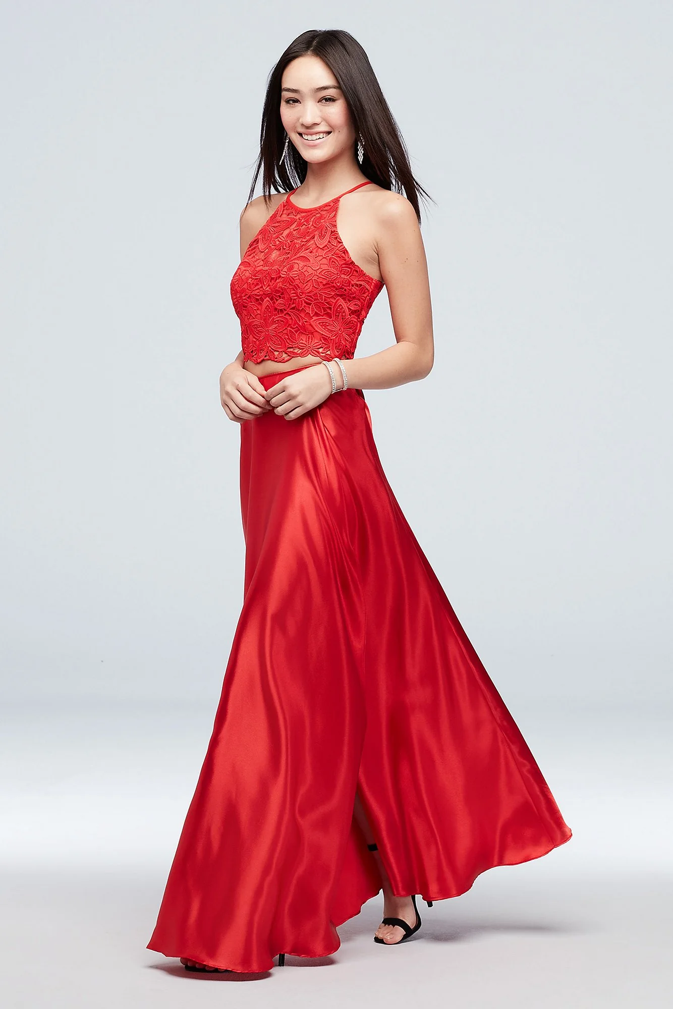 Lace and Charmeuse High-Neck Two-Piece Dress