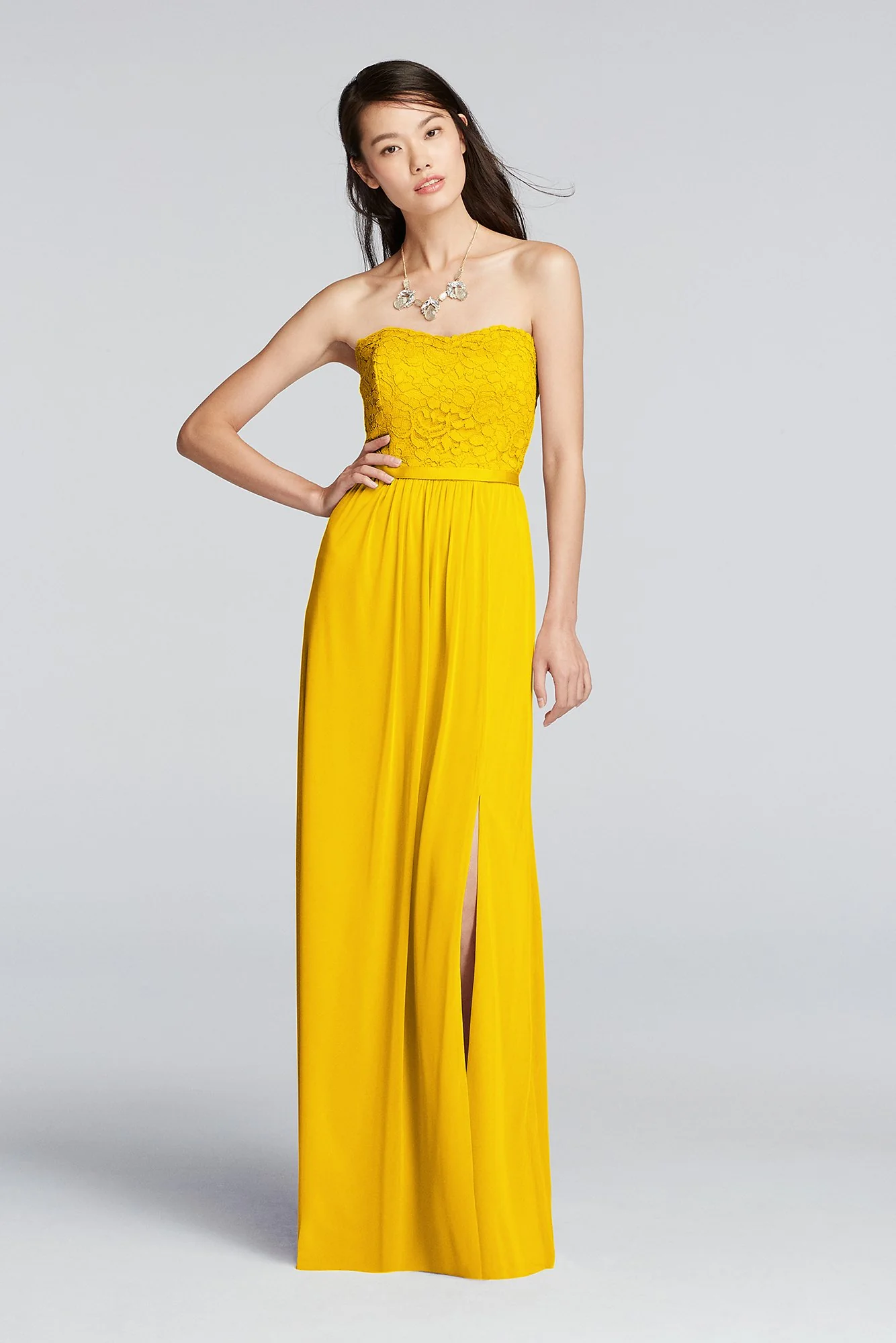 Lace and Mesh Long Strapless Dress - Image 110
