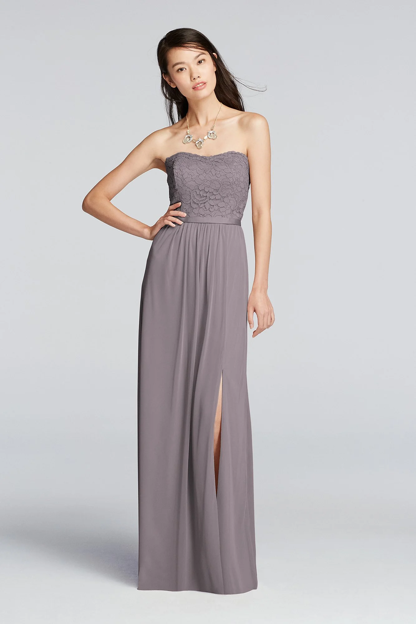 Lace and Mesh Long Strapless Dress - Image 112