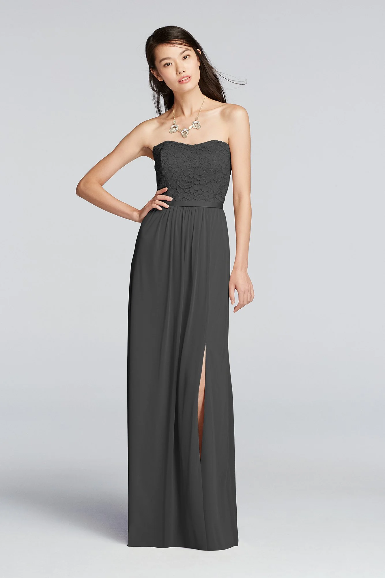 Lace and Mesh Long Strapless Dress - Image 17