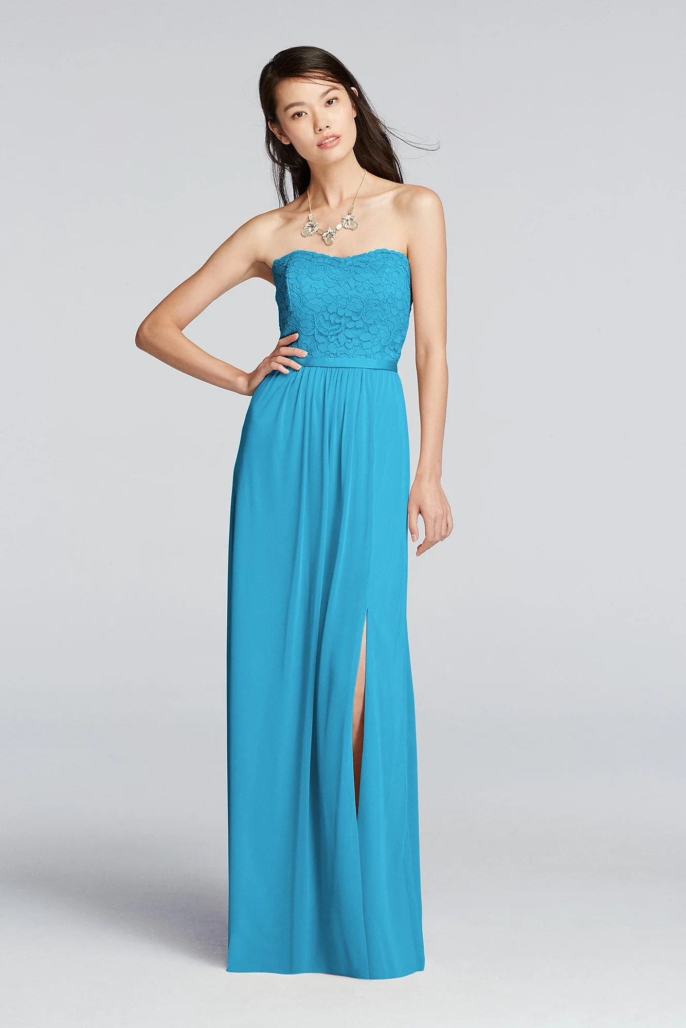 Lace and Mesh Long Strapless Dress - Image 20