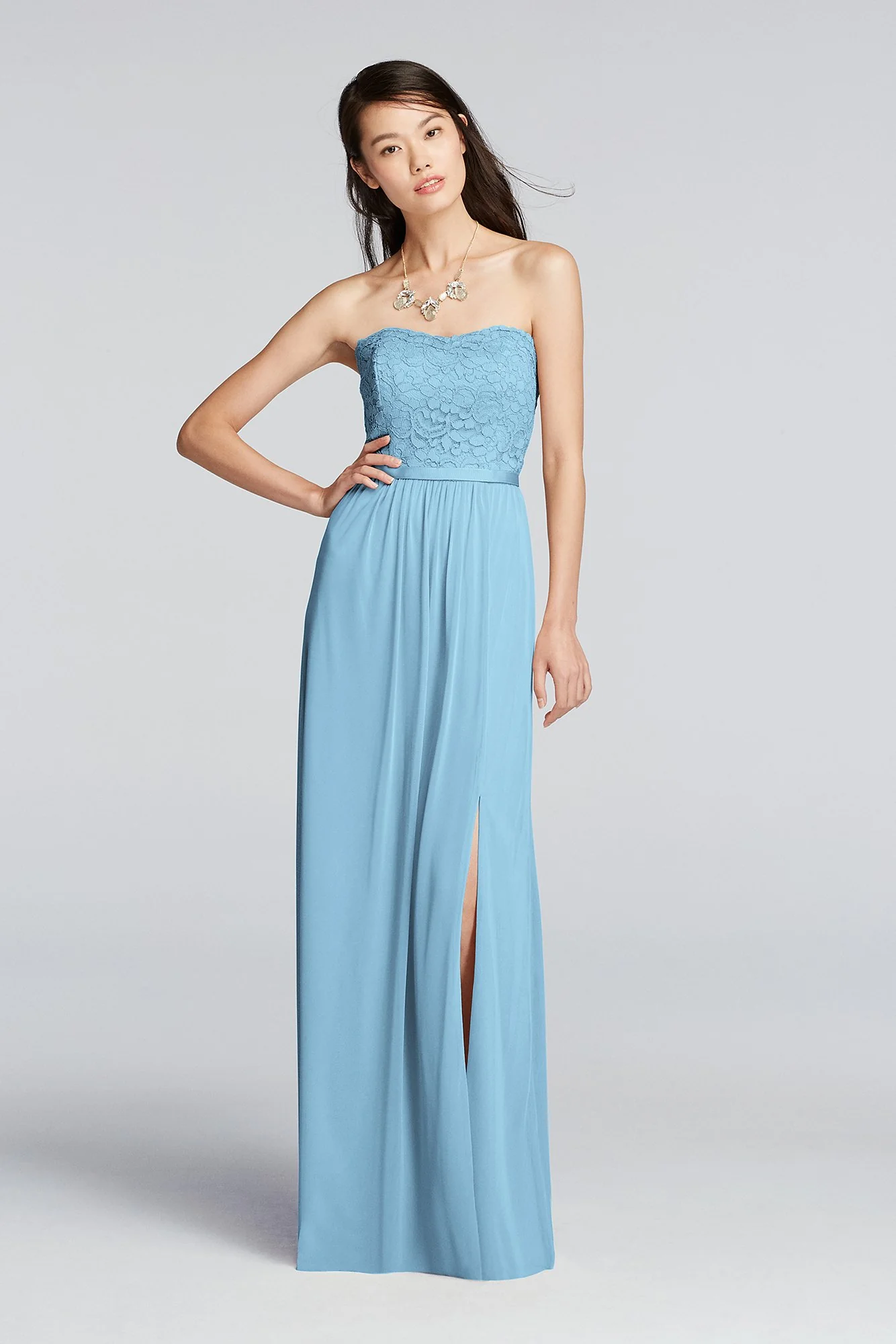 Lace and Mesh Long Strapless Dress - Image 36