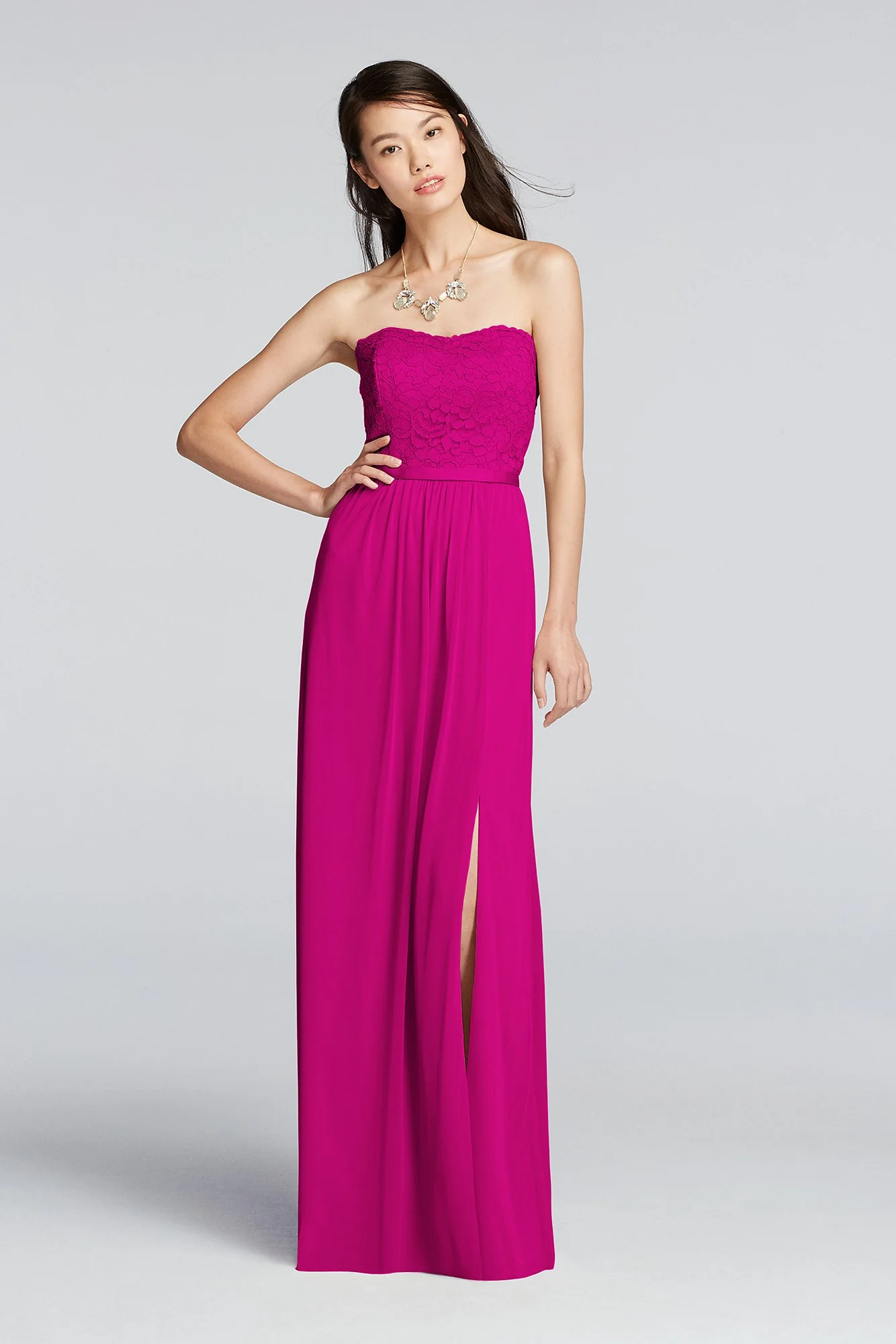 Lace and Mesh Long Strapless Dress - Image 70