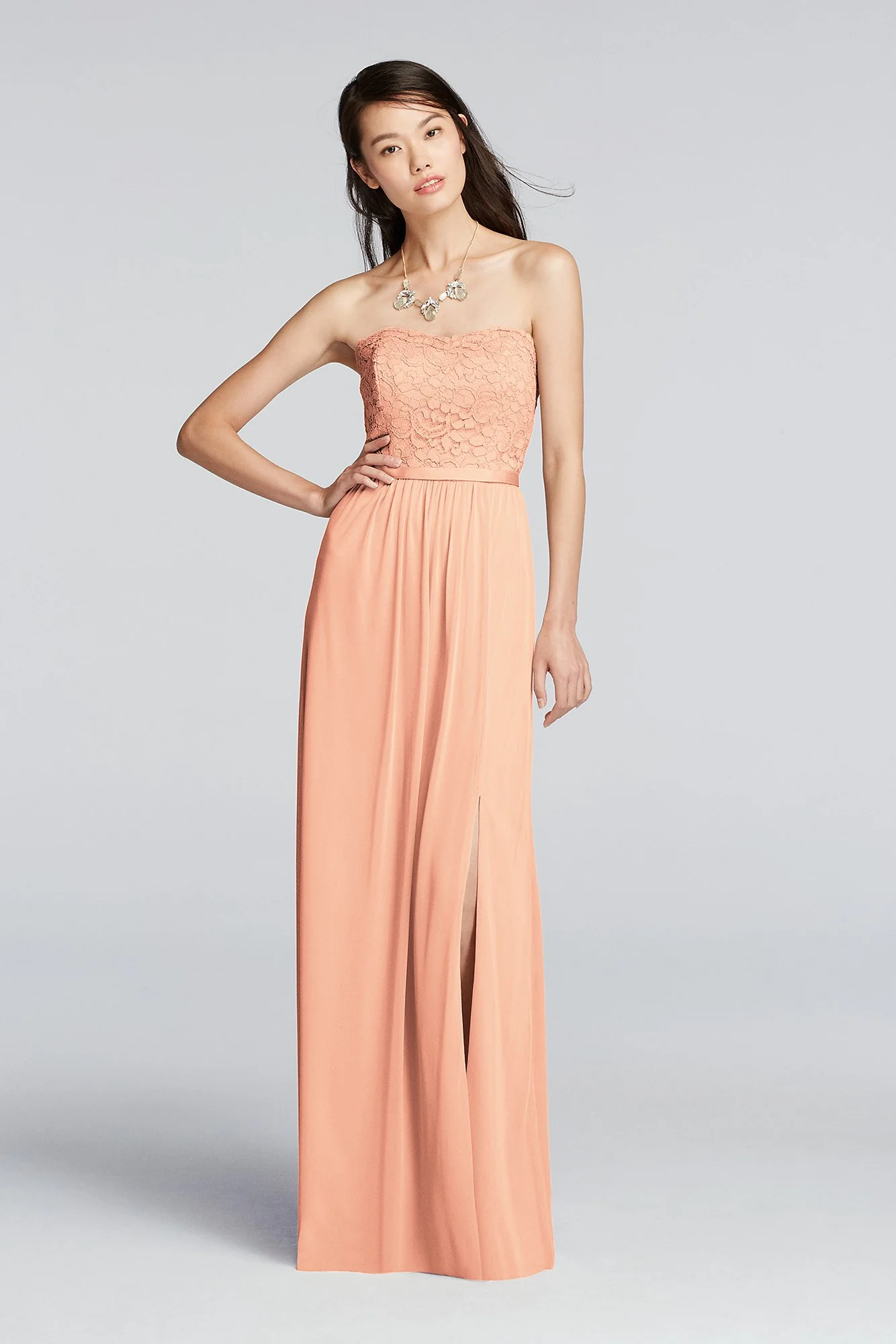 Lace and Mesh Long Strapless Dress - Image 9