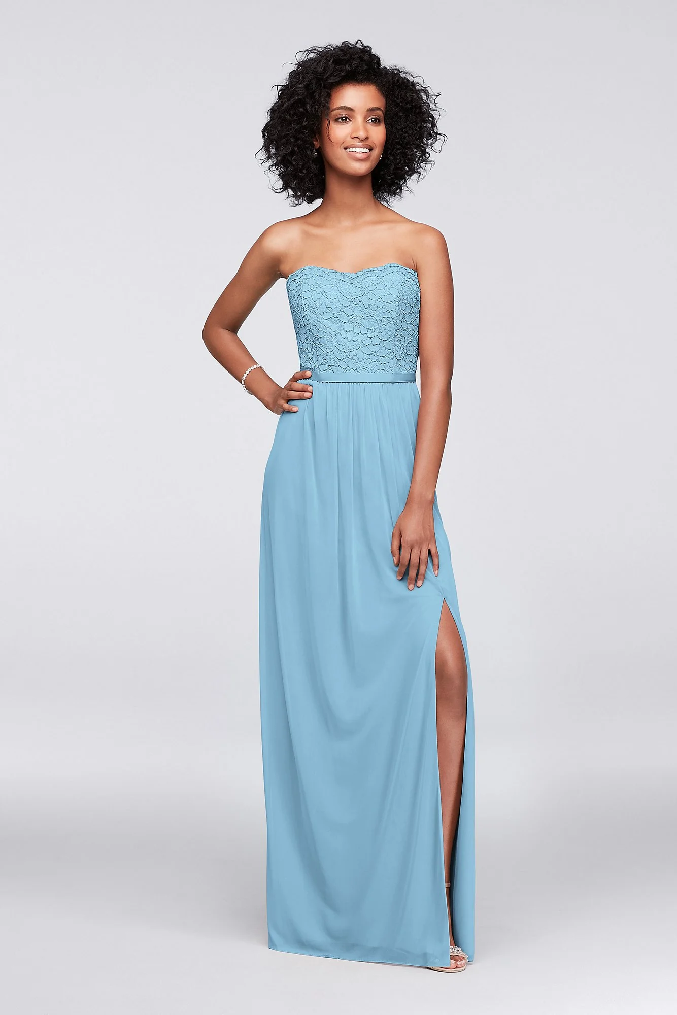 Lace and Mesh Long Strapless Dress - Image 98