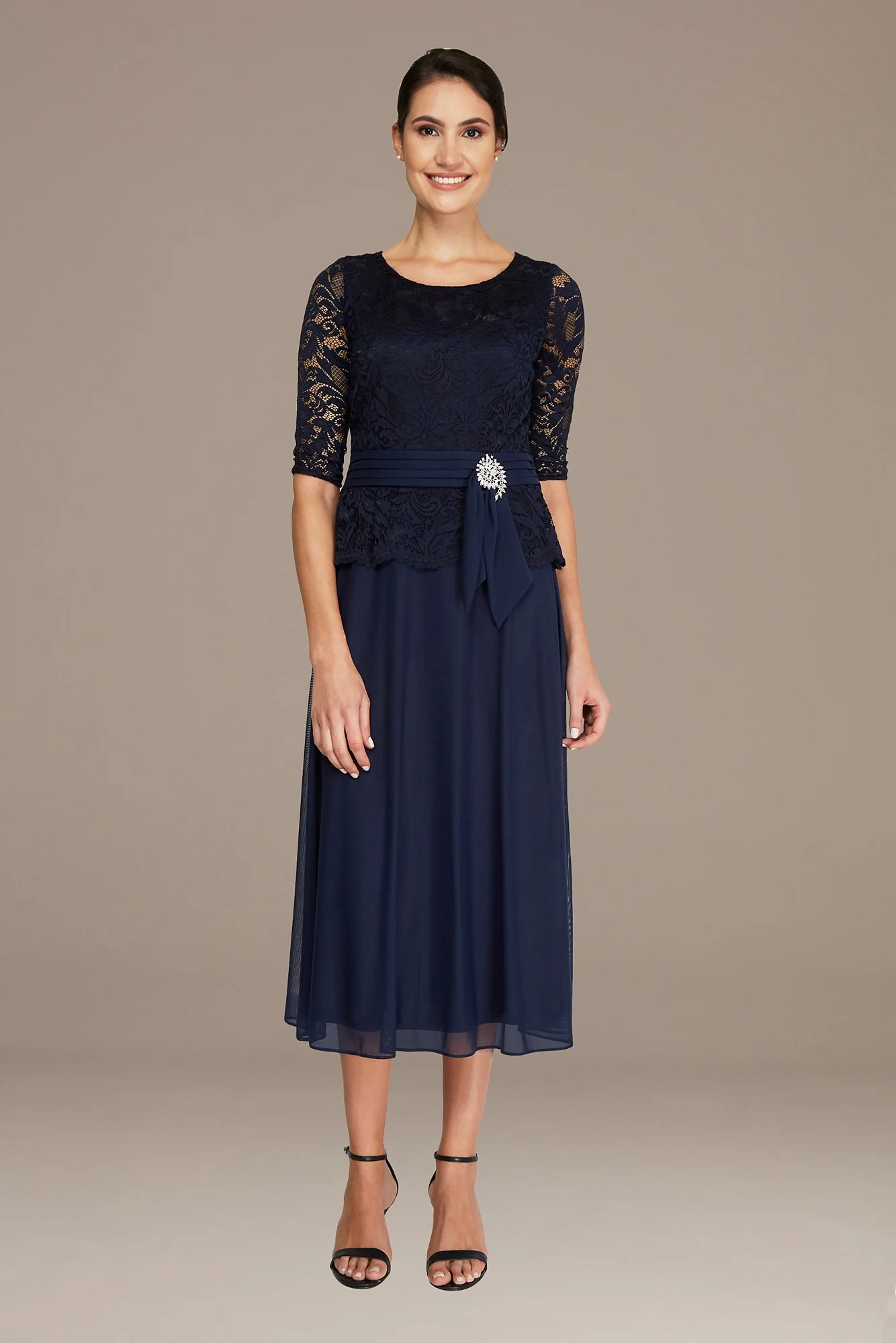 Lace and Mesh Midi Dress with Crystal Detail - Image 2