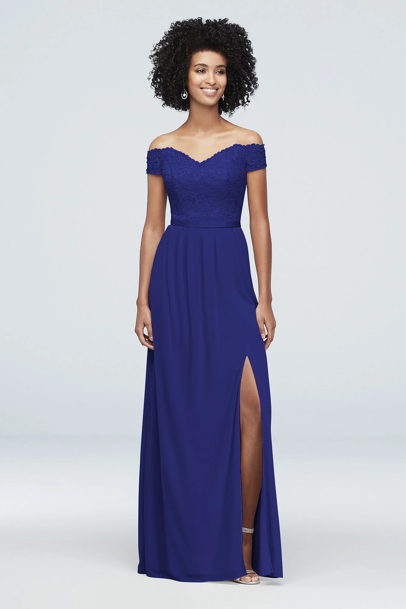 Off-the-Shoulder Lace and Mesh Bridesmaid Dress - Image 100