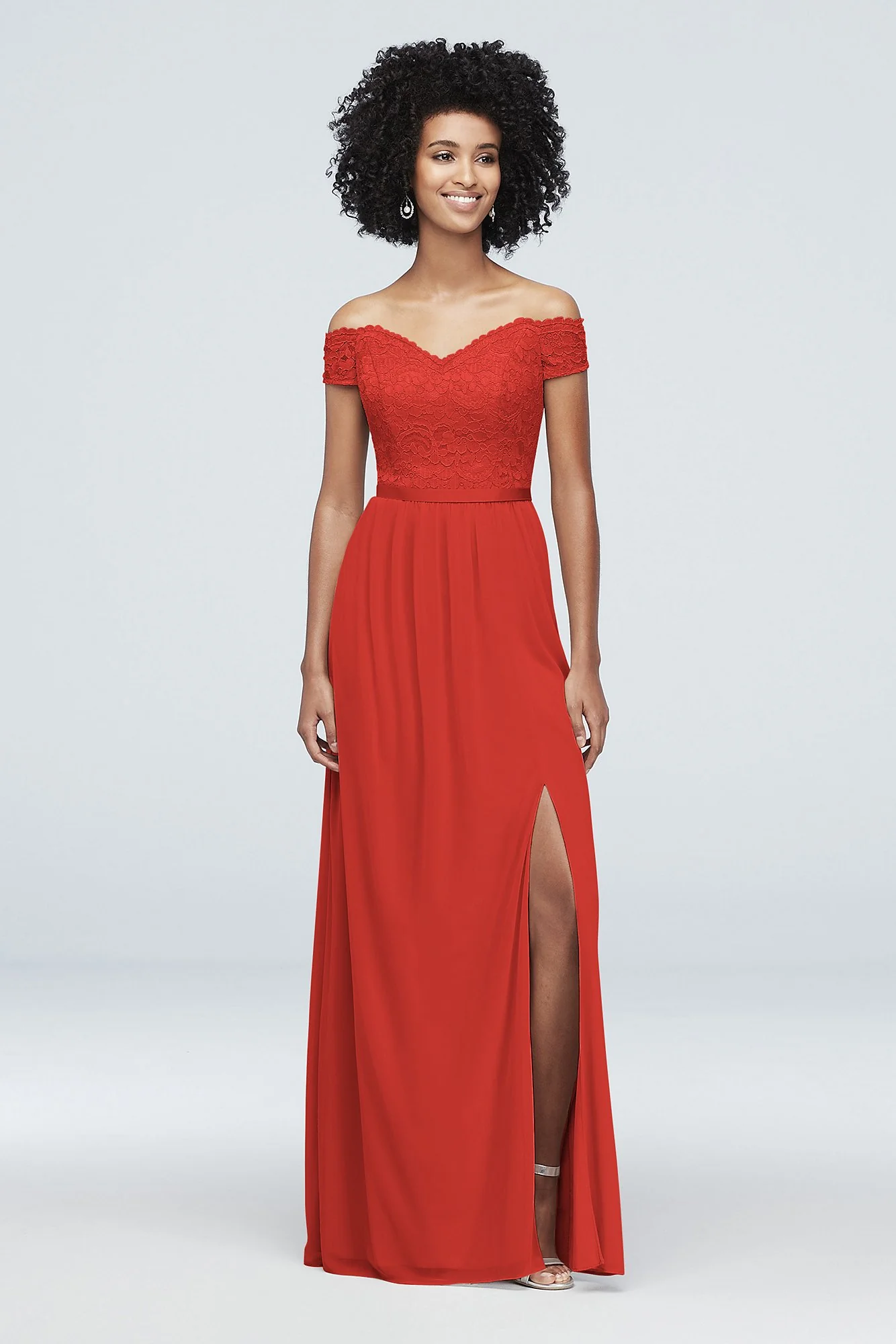 Off-the-Shoulder Lace and Mesh Bridesmaid Dress - Image 104