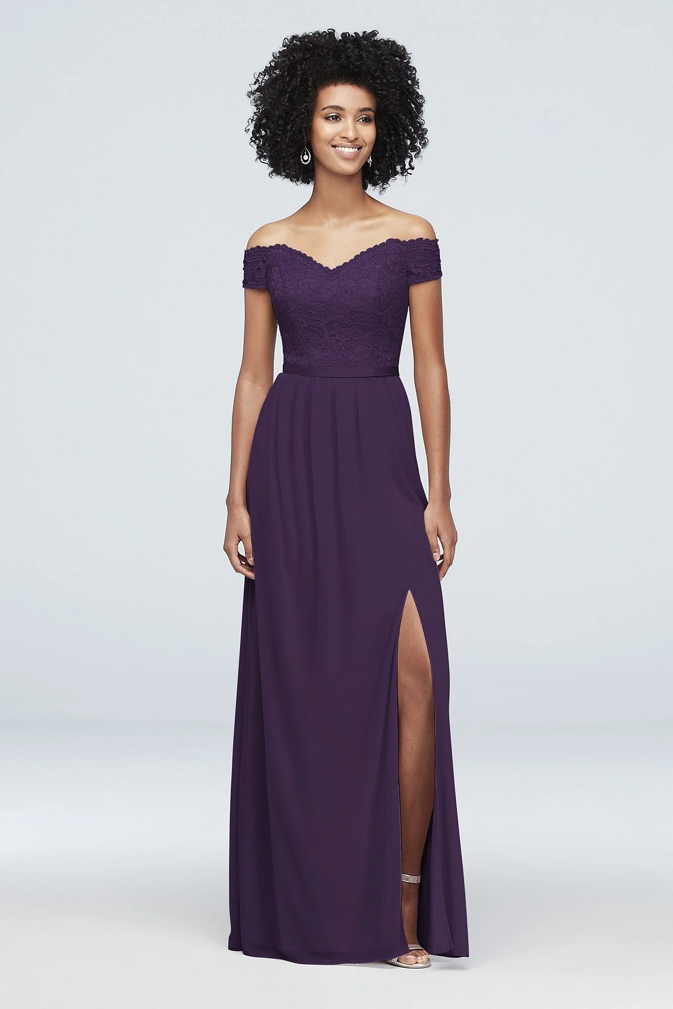 Off-the-Shoulder Lace and Mesh Bridesmaid Dress - Image 105