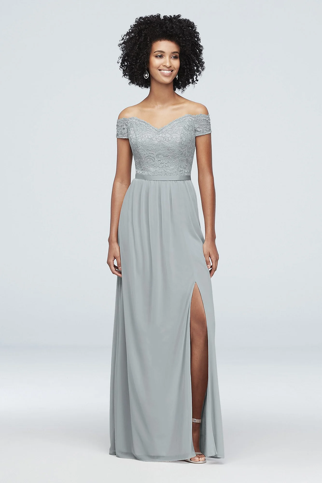 Off-the-Shoulder Lace and Mesh Bridesmaid Dress - Image 27