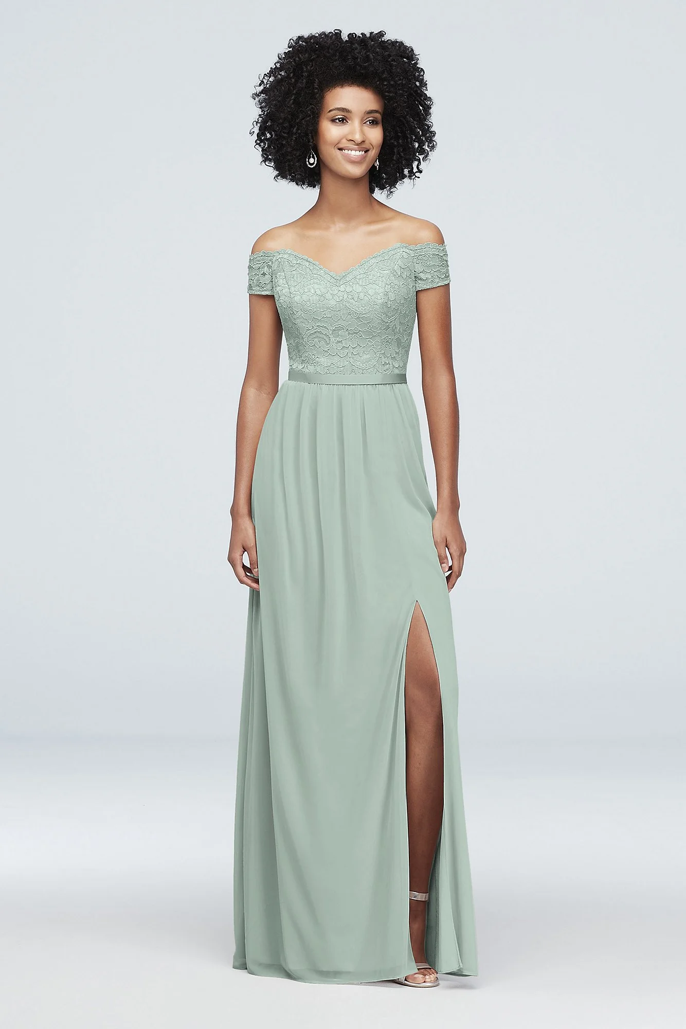 Off-the-Shoulder Lace and Mesh Bridesmaid Dress - Image 33
