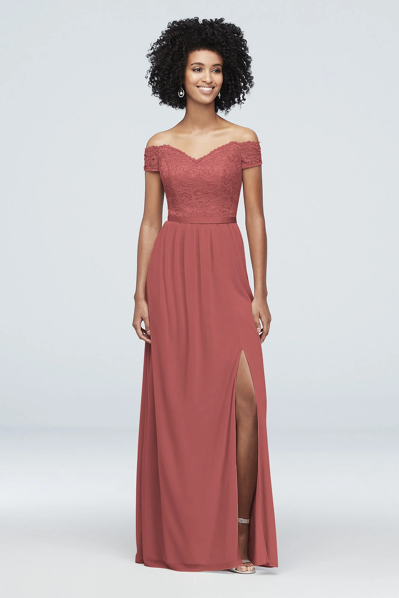 Off-the-Shoulder Lace and Mesh Bridesmaid Dress - Image 34