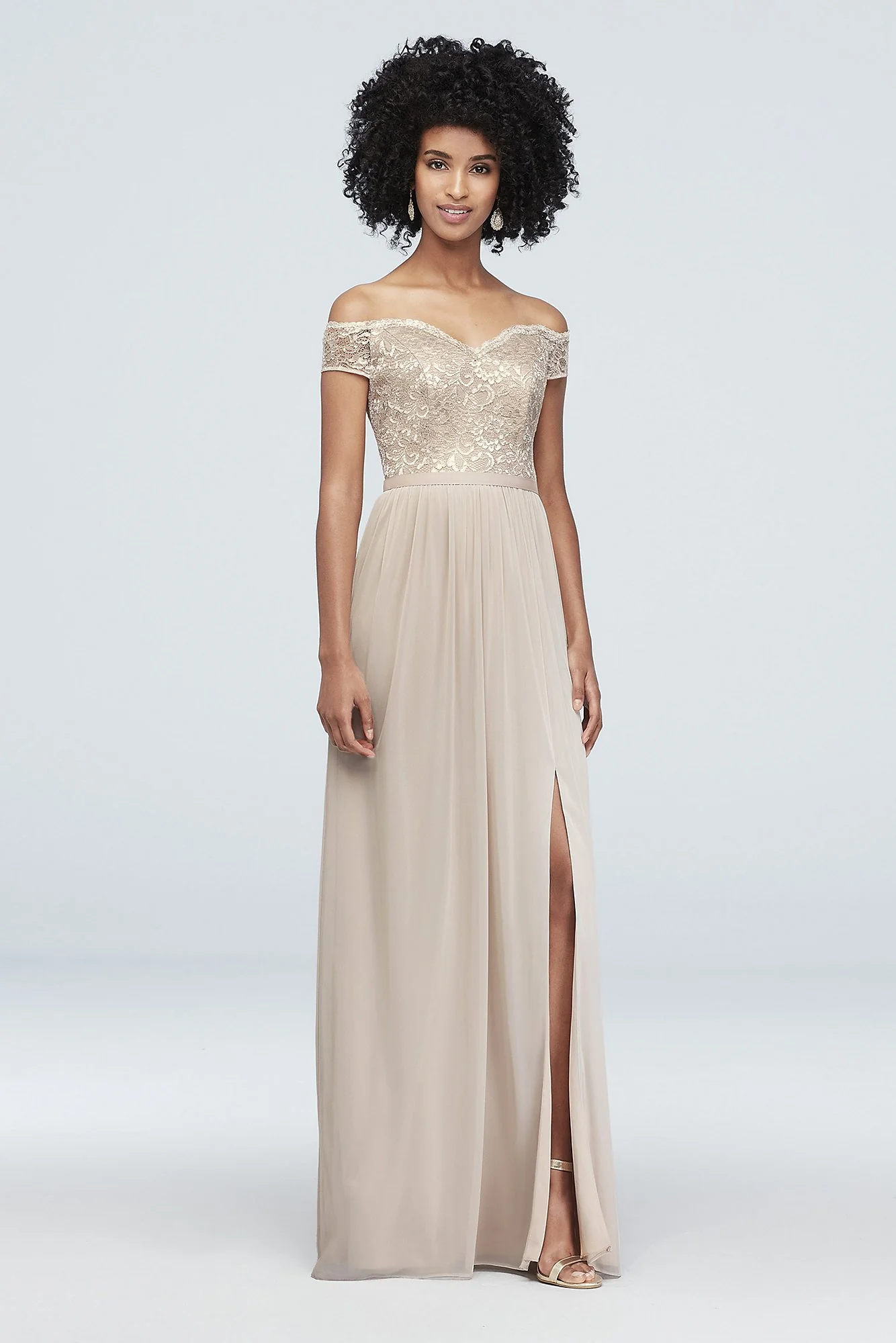 Off-the-Shoulder Lace and Mesh Bridesmaid Dress - Image 37