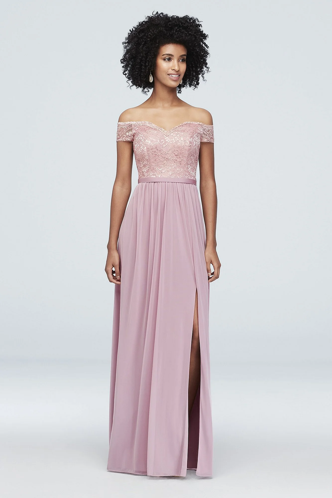 Off-the-Shoulder Lace and Mesh Bridesmaid Dress - Image 38