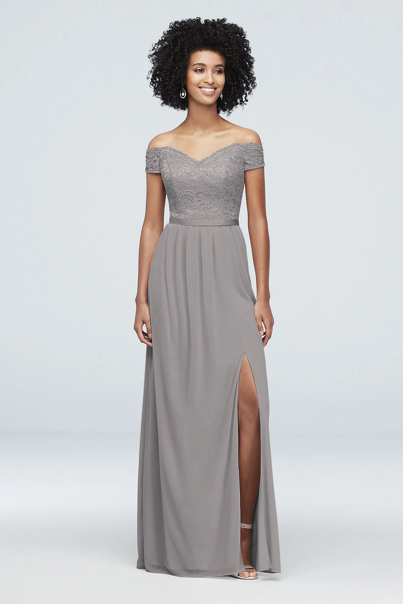 Off-the-Shoulder Lace and Mesh Bridesmaid Dress - Image 55