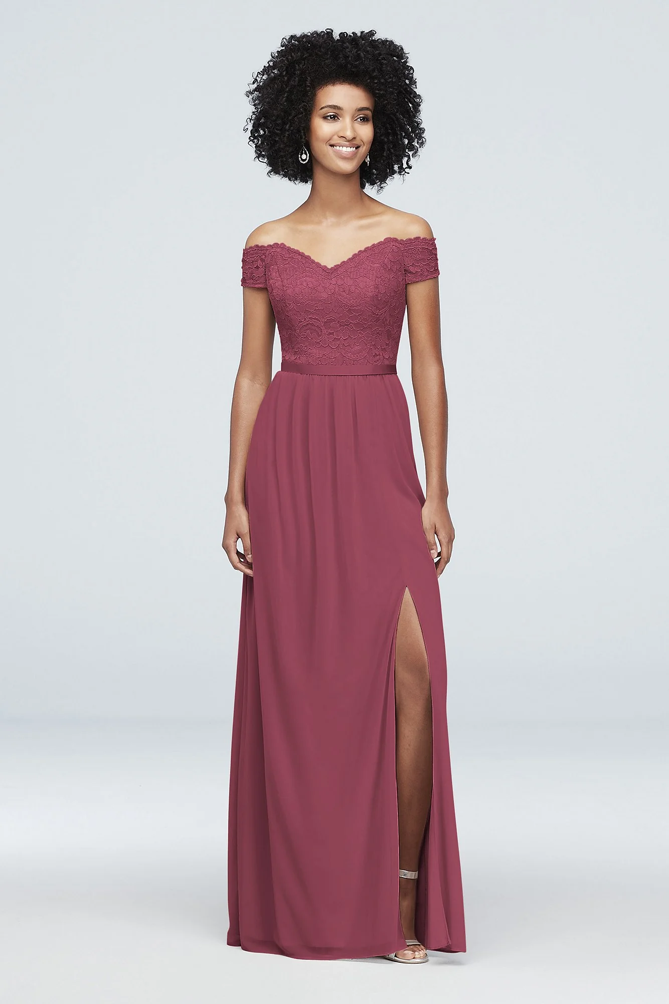 Off-the-Shoulder Lace and Mesh Bridesmaid Dress - Image 61
