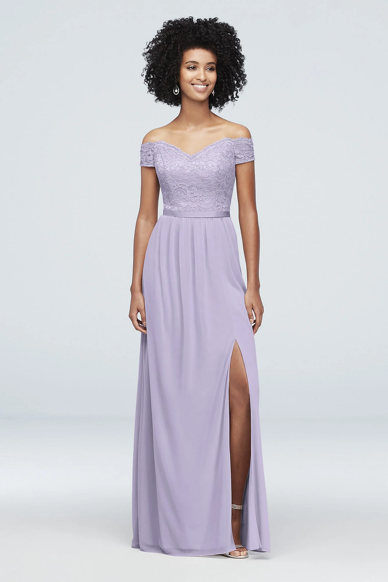 Off-the-Shoulder Lace and Mesh Bridesmaid Dress - Image 65