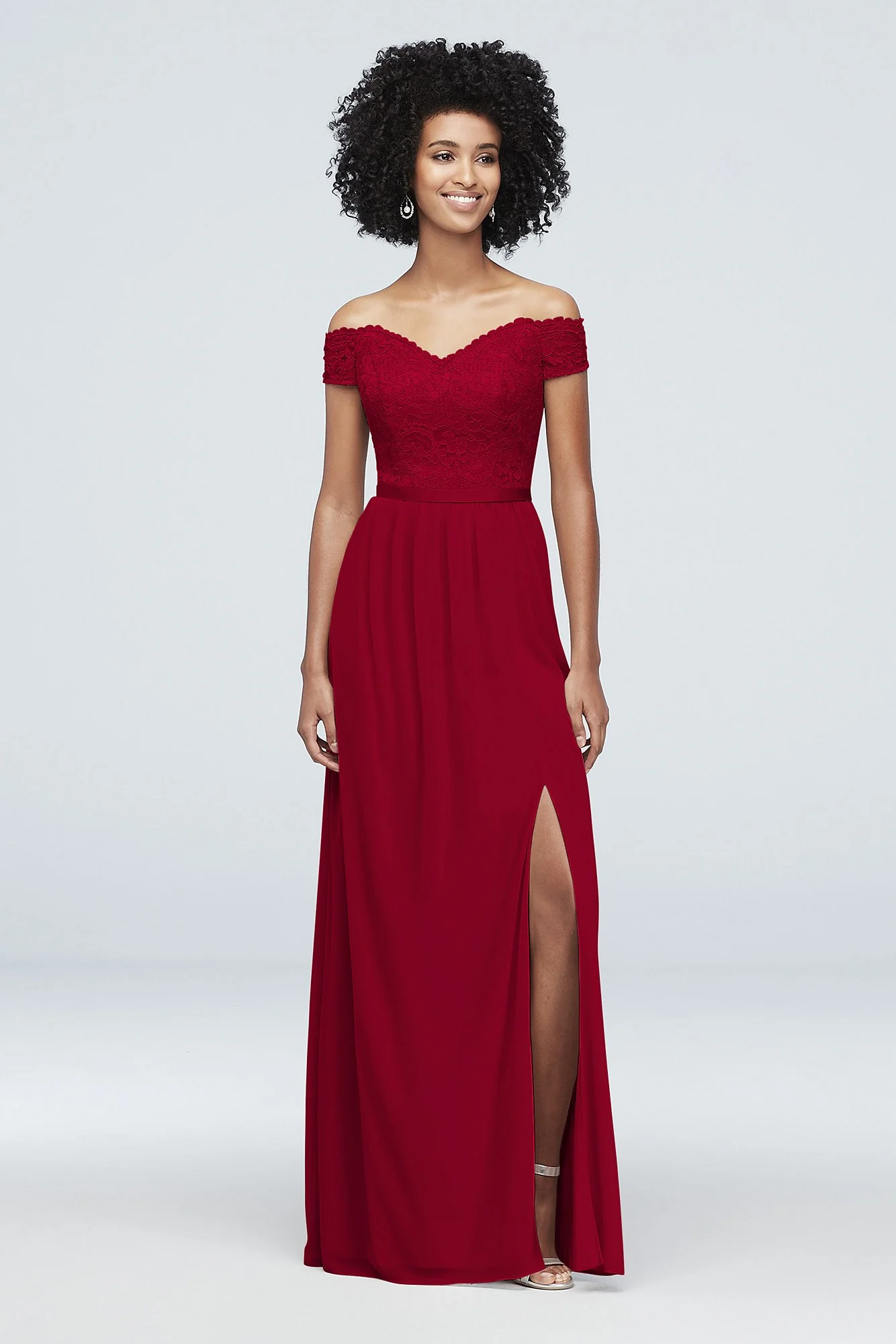 Off-the-Shoulder Lace and Mesh Bridesmaid Dress - Image 80