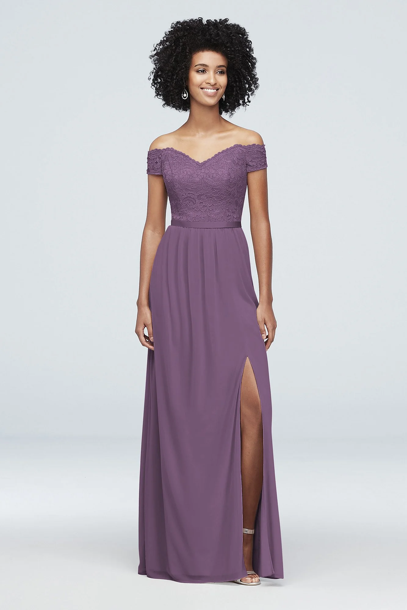 Off-the-Shoulder Lace and Mesh Bridesmaid Dress - Image 82