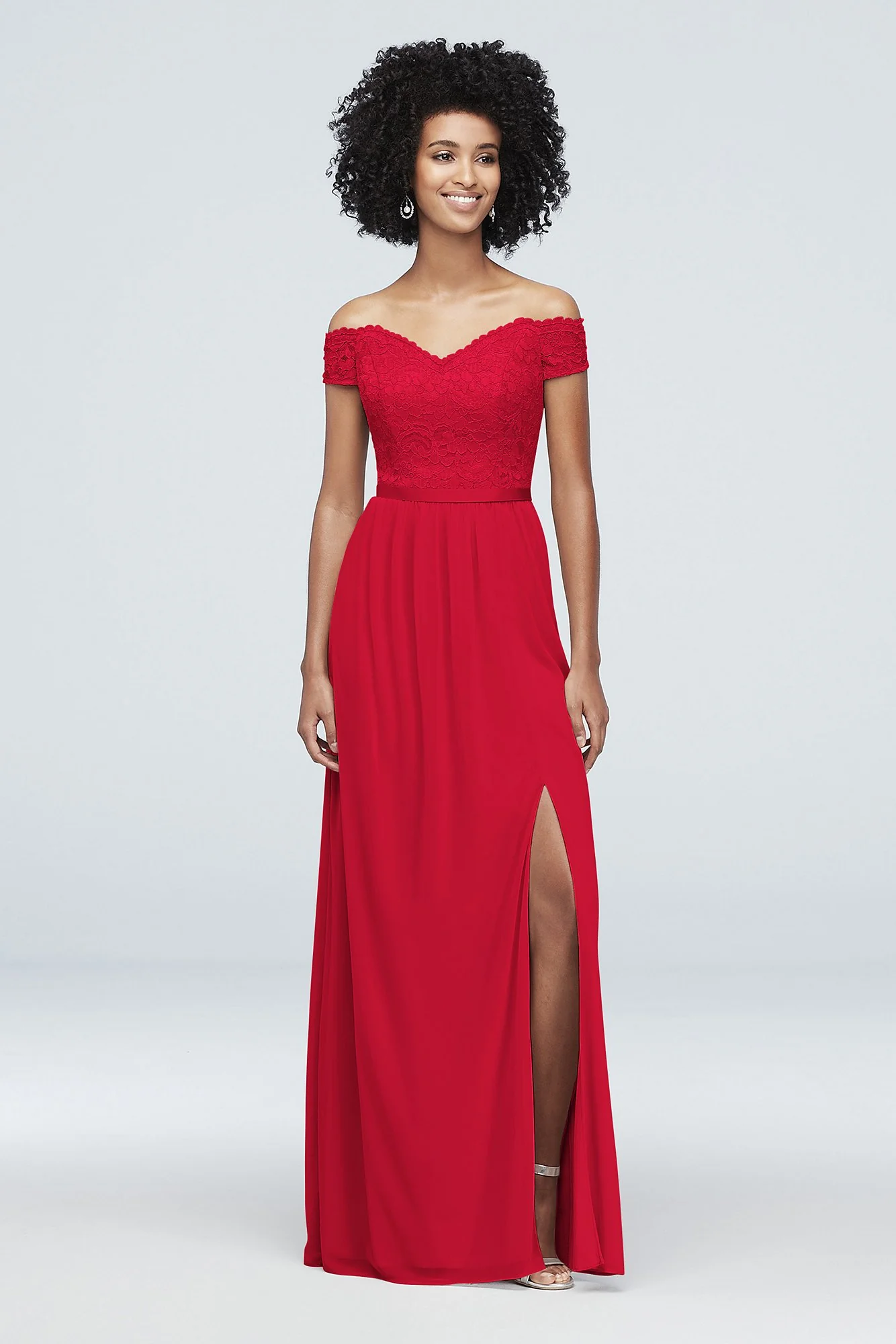 Off-the-Shoulder Lace and Mesh Bridesmaid Dress - Image 95