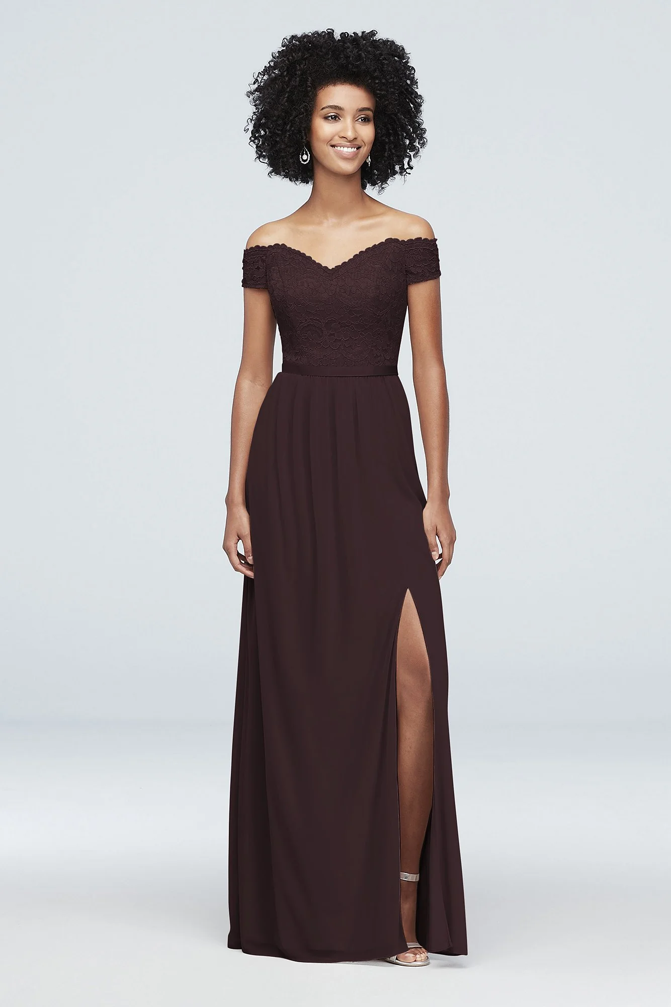Off-the-Shoulder Lace and Mesh Bridesmaid Dress - Image 97