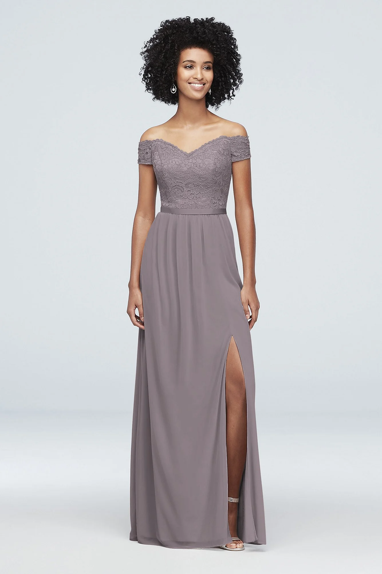 Off-the-Shoulder Lace and Mesh Bridesmaid Dress - Image 98