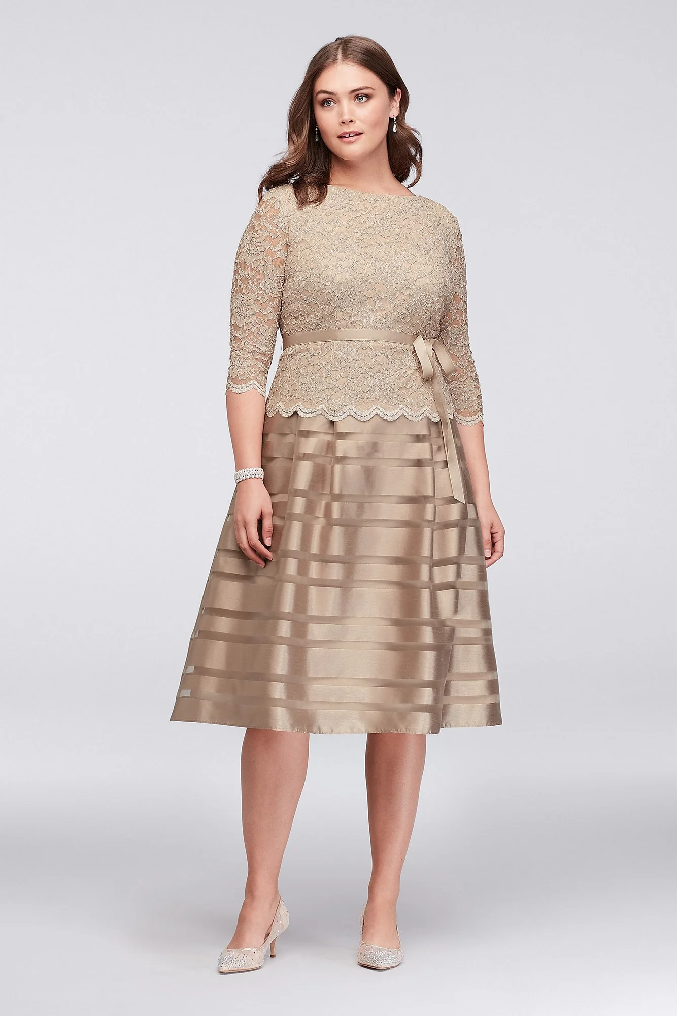 Lace and Striped Organza Plus Size Midi Dress - Image 2