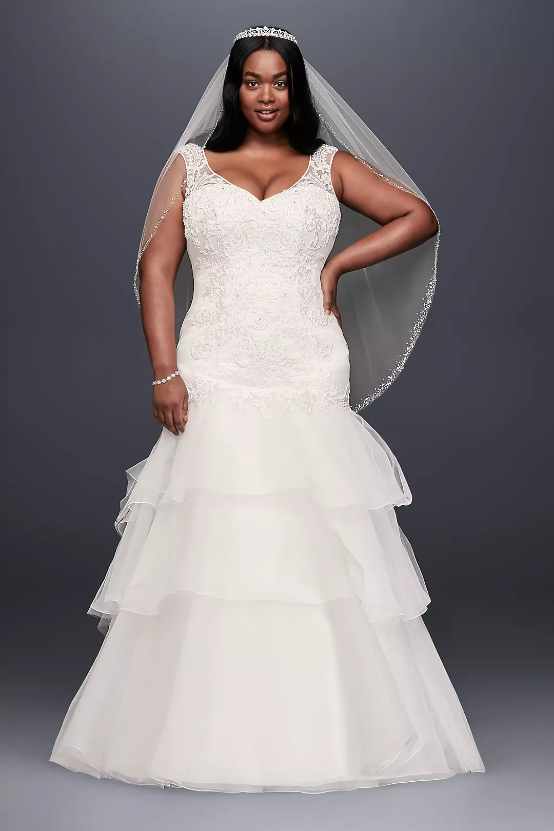 Lace and Tiered Tulle Plus Size Wedding Dress - Image 9