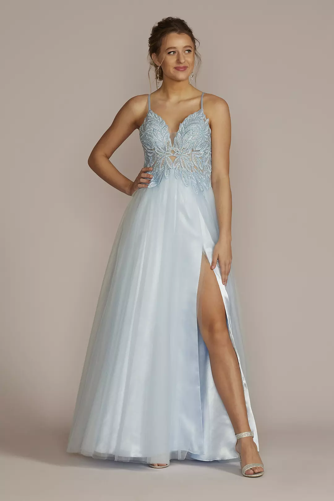 Lace Applique A-Line Dress with Mesh Skirt - Image 4