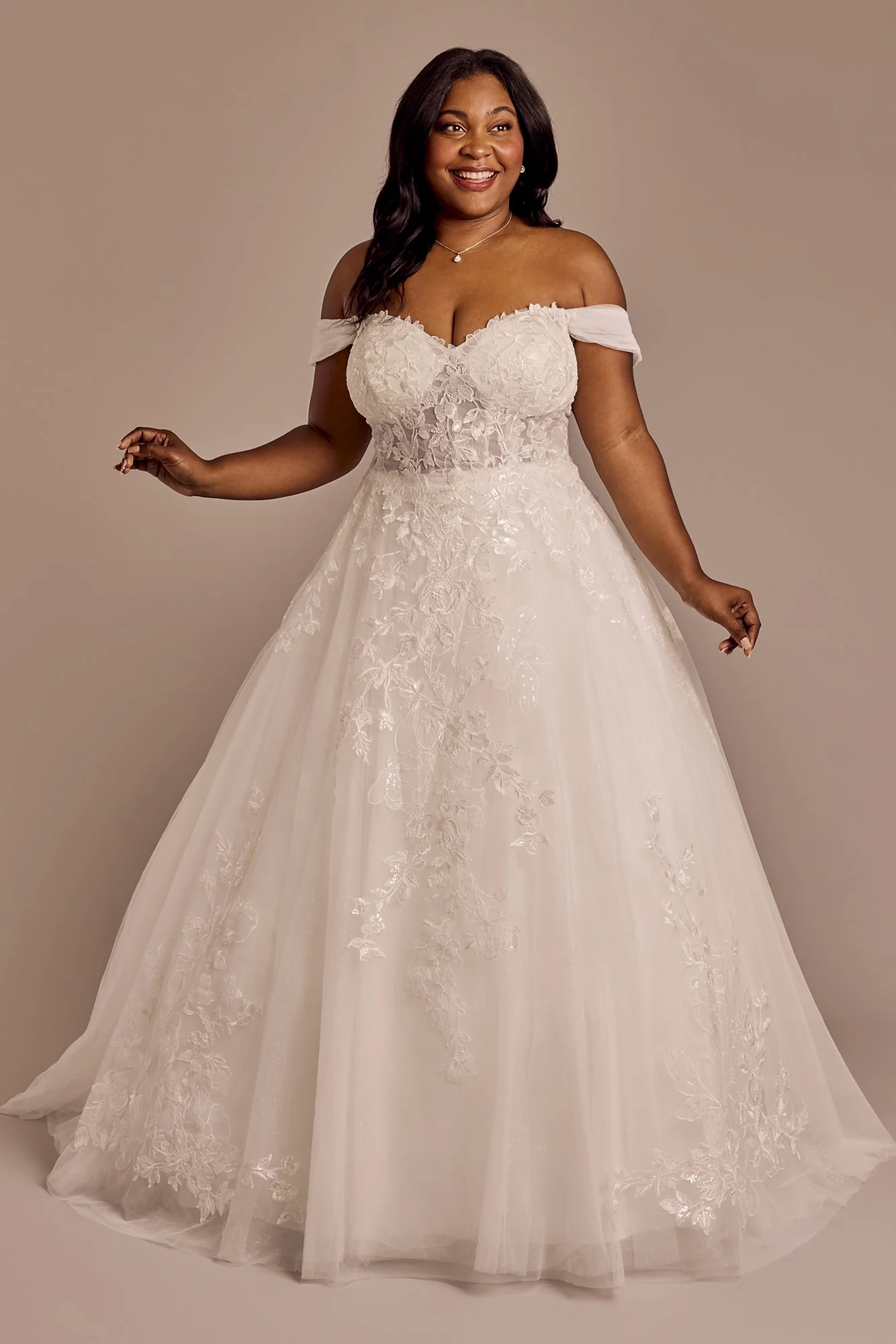 Lace Applique Ball Gown with Swag Sleeves