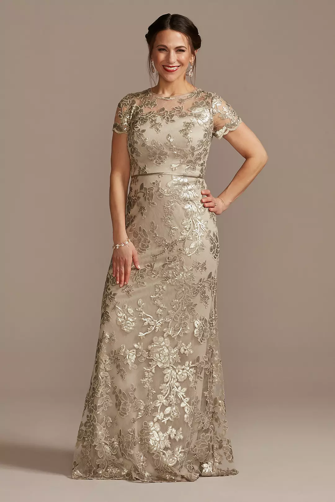 Lace Applique Cap-Sleeve Long Sheath Dress - Image 2