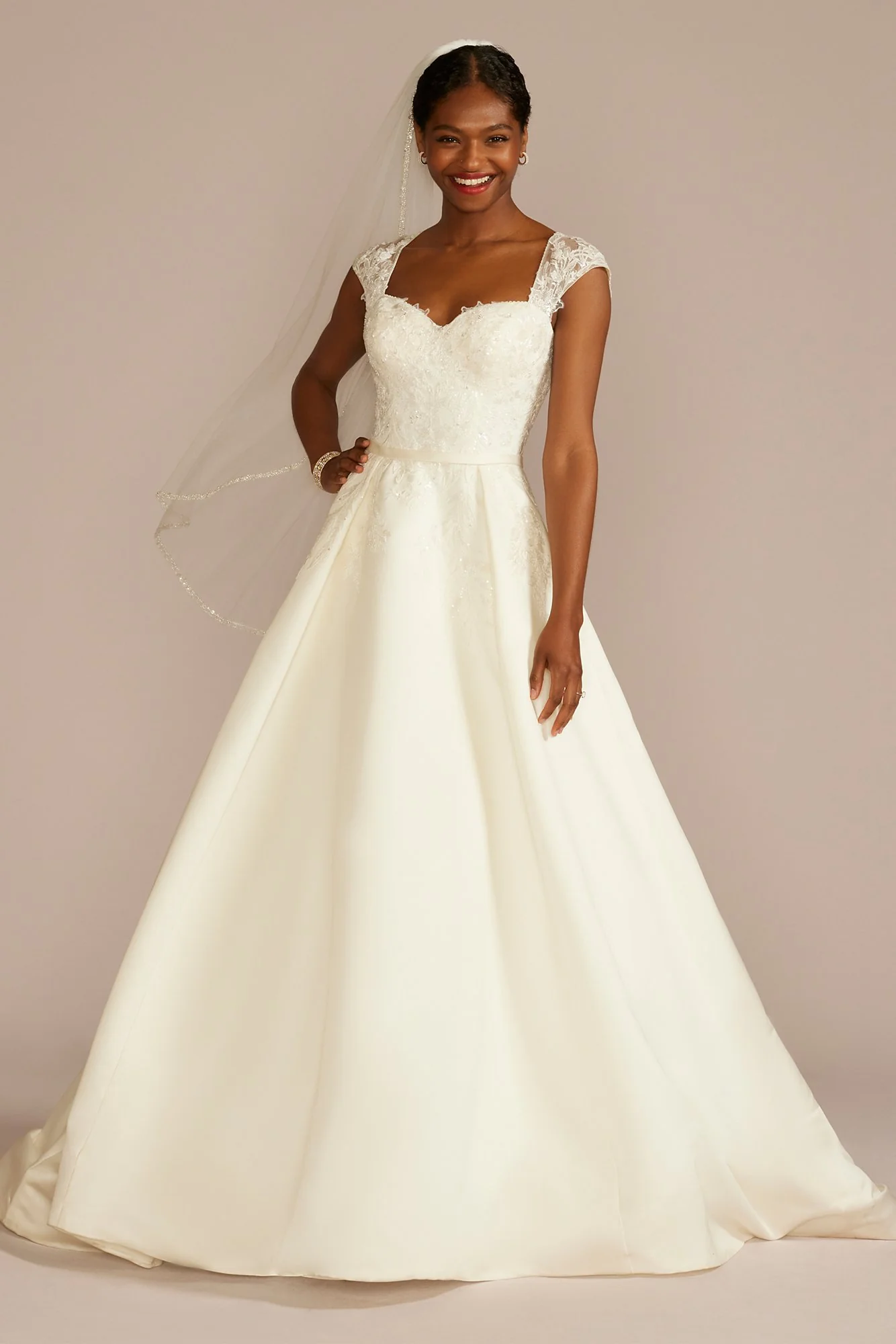 Lace Applique Cap Sleeve Satin Wedding Dress