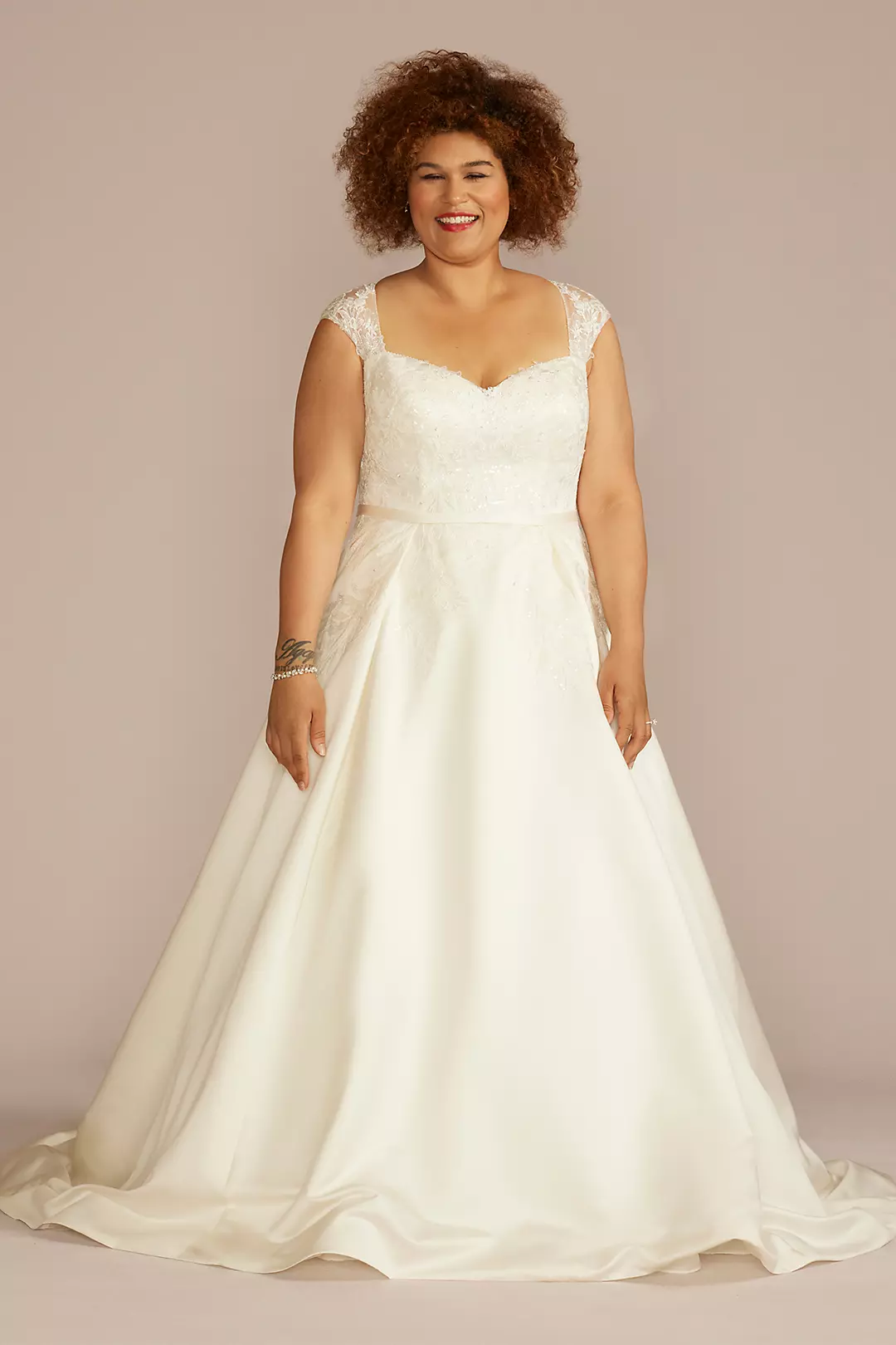 Lace Applique Cap Sleeve Satin Wedding Dress - Image 4