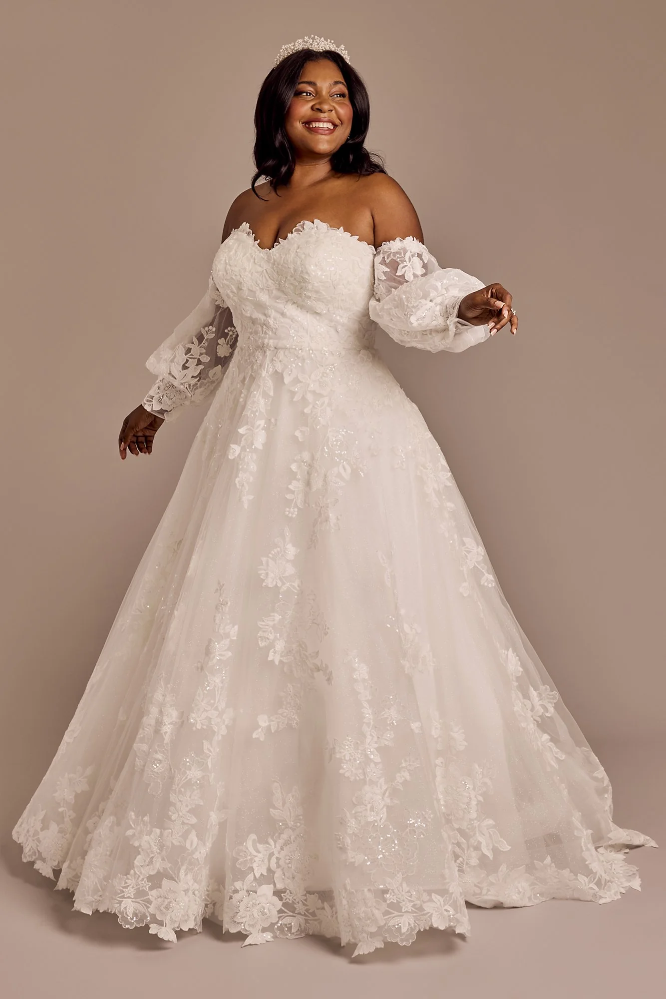 Lace Applique Gown with Removable Billow Sleeves
