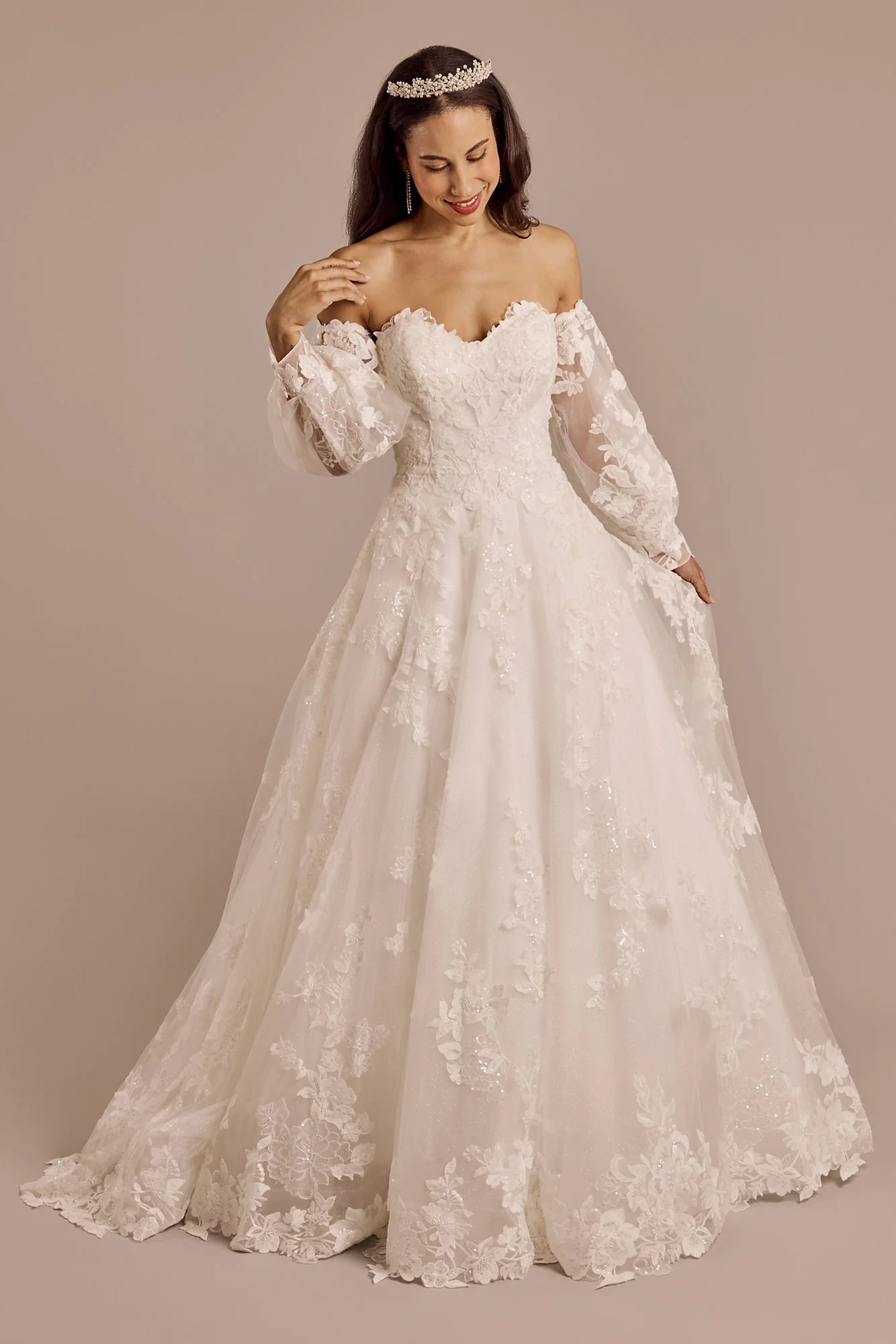 Lace Applique Gown with Removable Billow Sleeves - Image 3