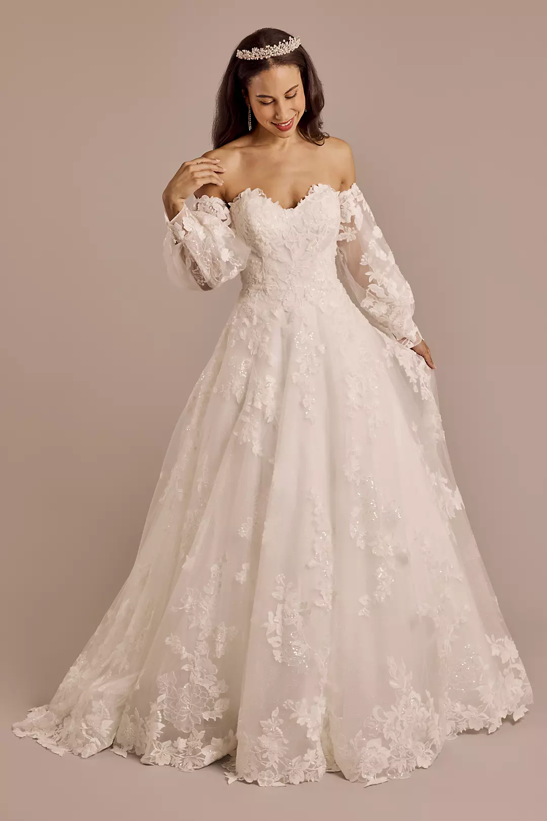 Lace Applique Gown with Removable Billow Sleeves - Image 8