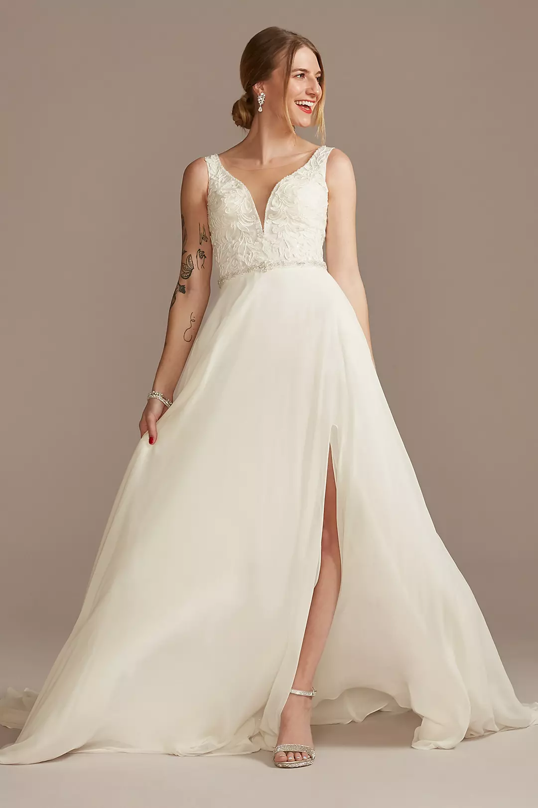 Applique Illusion Chiffon Wedding Dress - Image 39