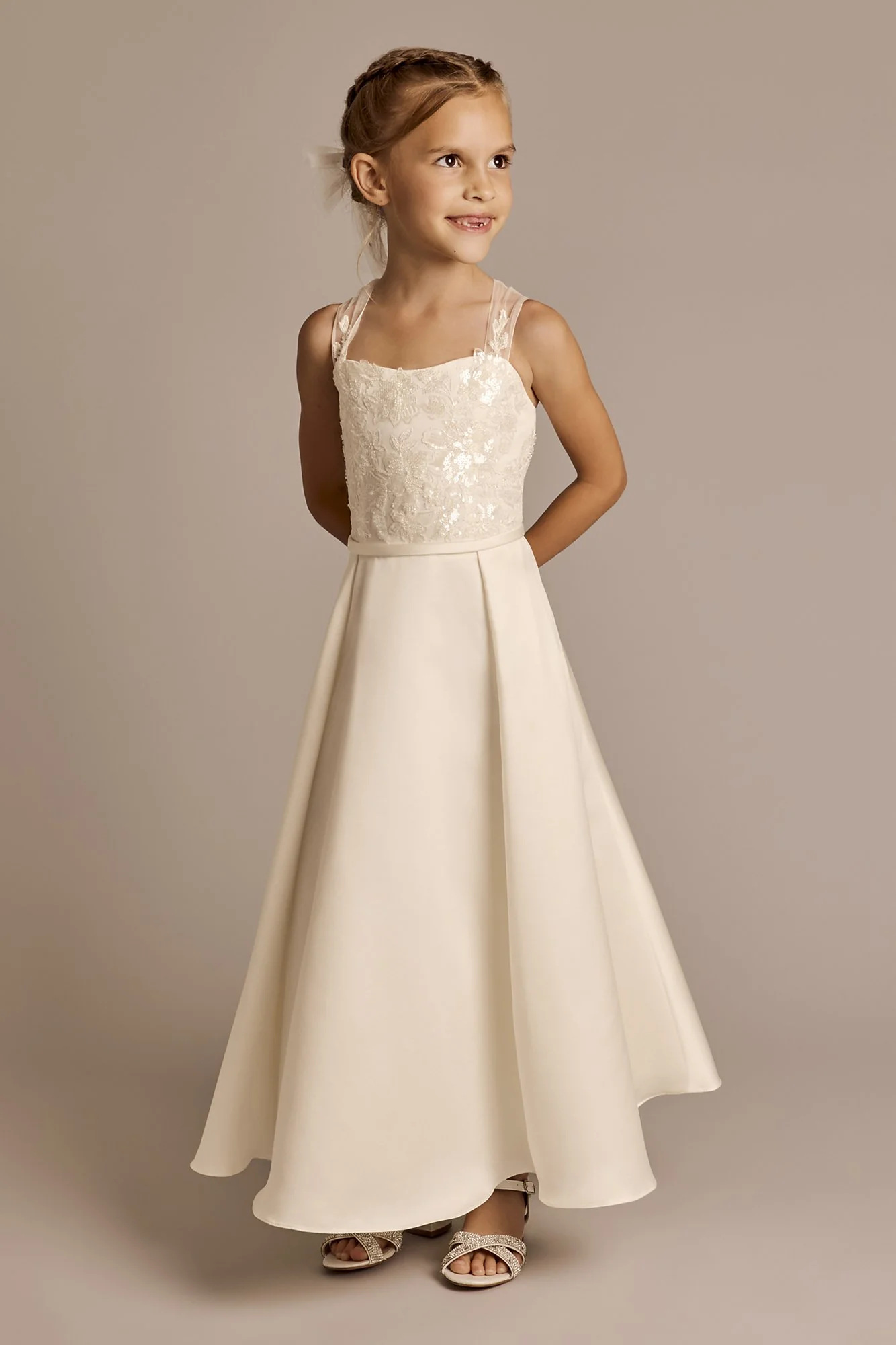 Lace Applique Sleeveless Satin Flower Girl Dress