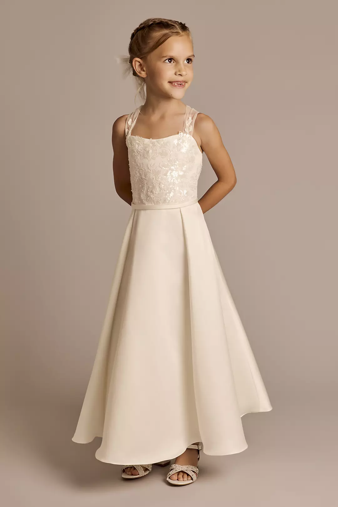 Lace Applique Sleeveless Satin Flower Girl Dress - Image 7