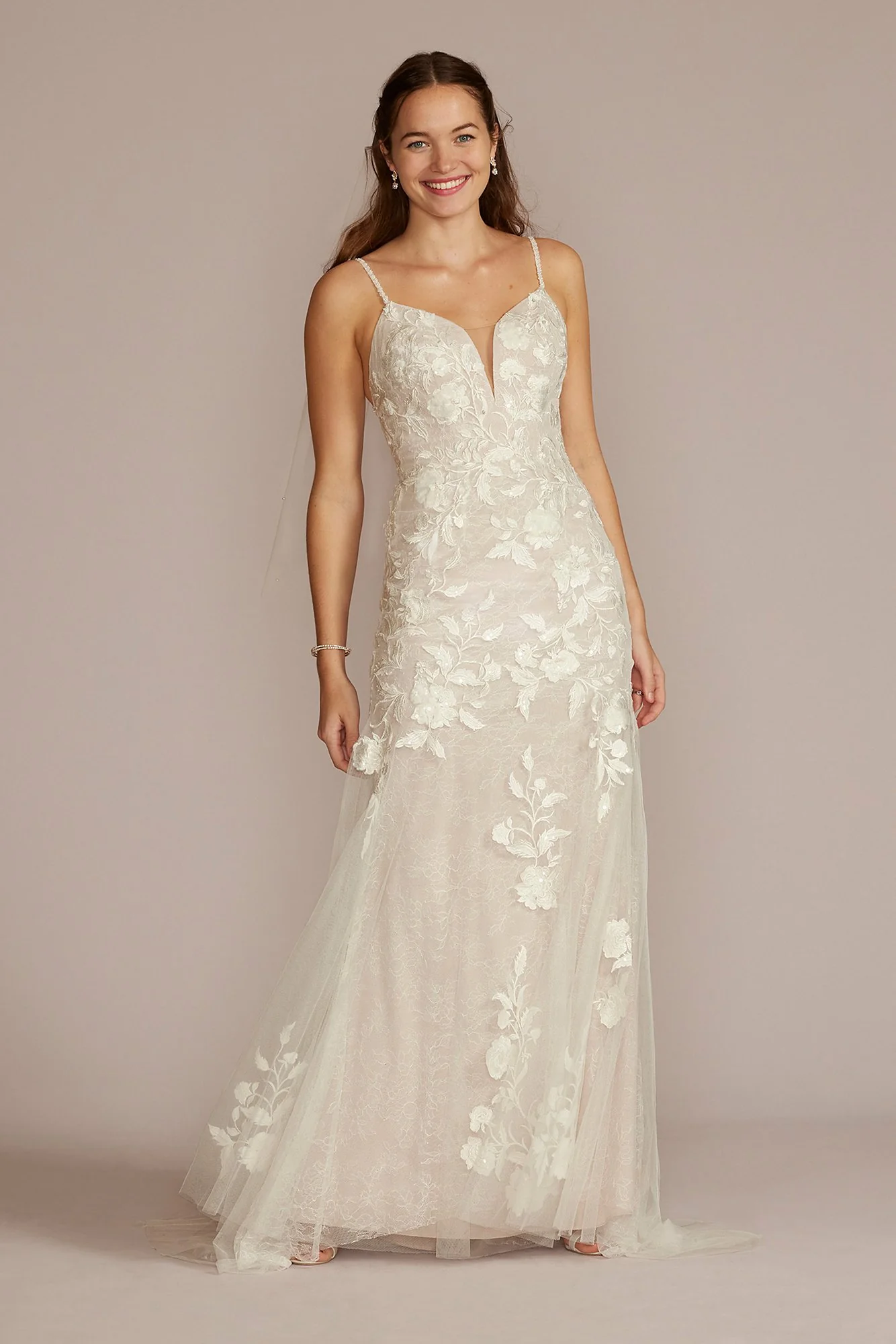 Lace Applique Tulle V-Neck Mermaid Wedding Gown - Image 9