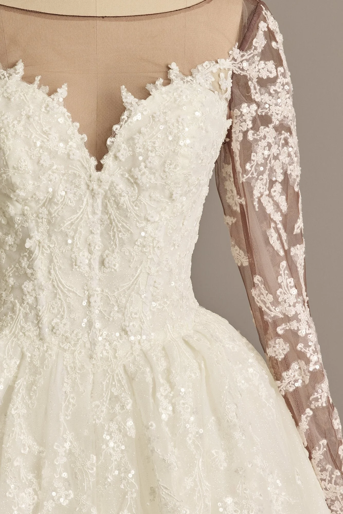 Lace Appliqued Illusion Long Sleeve Wedding Dress - Image 7